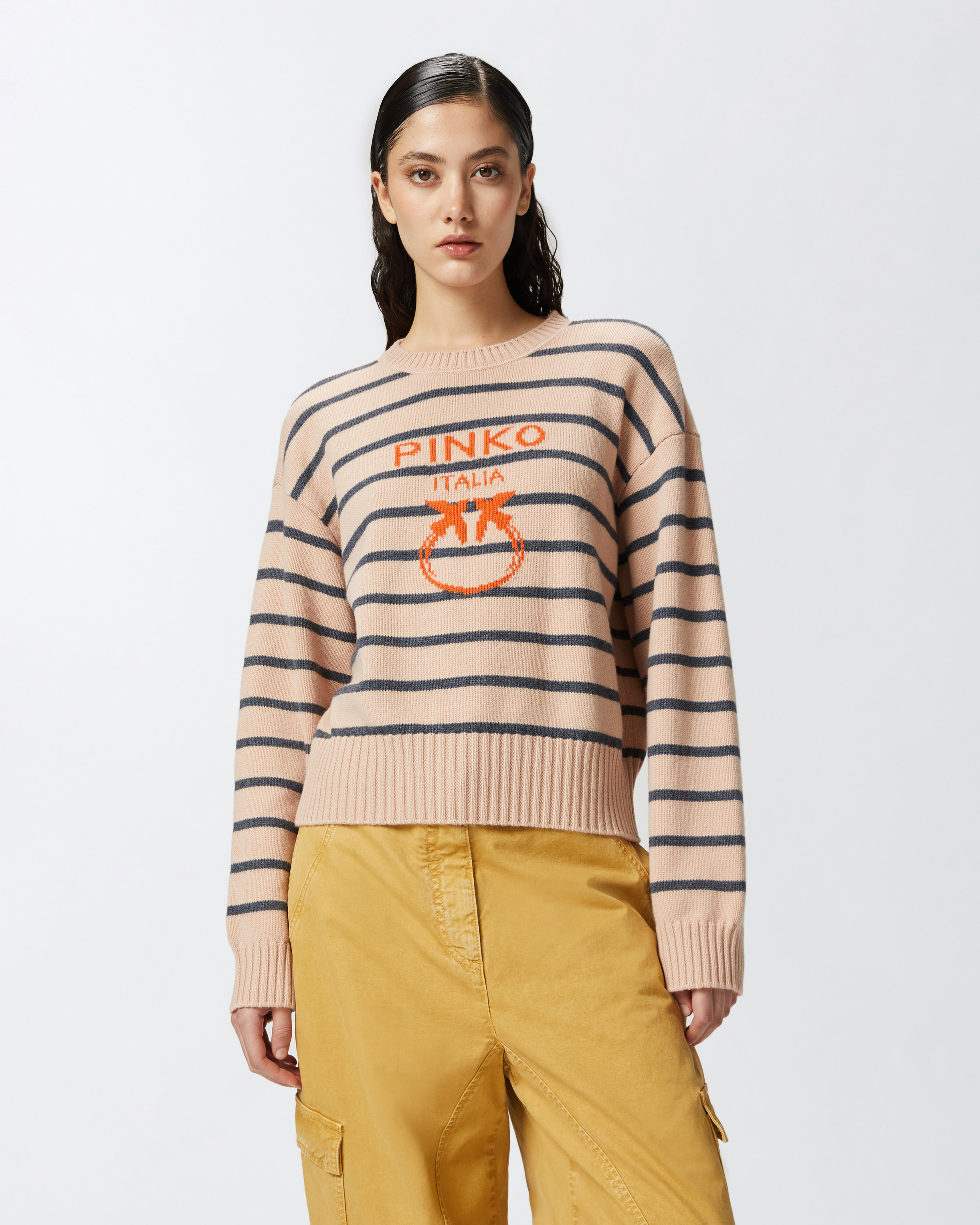 Pinko Striped Sweater With Logo In Nudo/grigio/arancio
