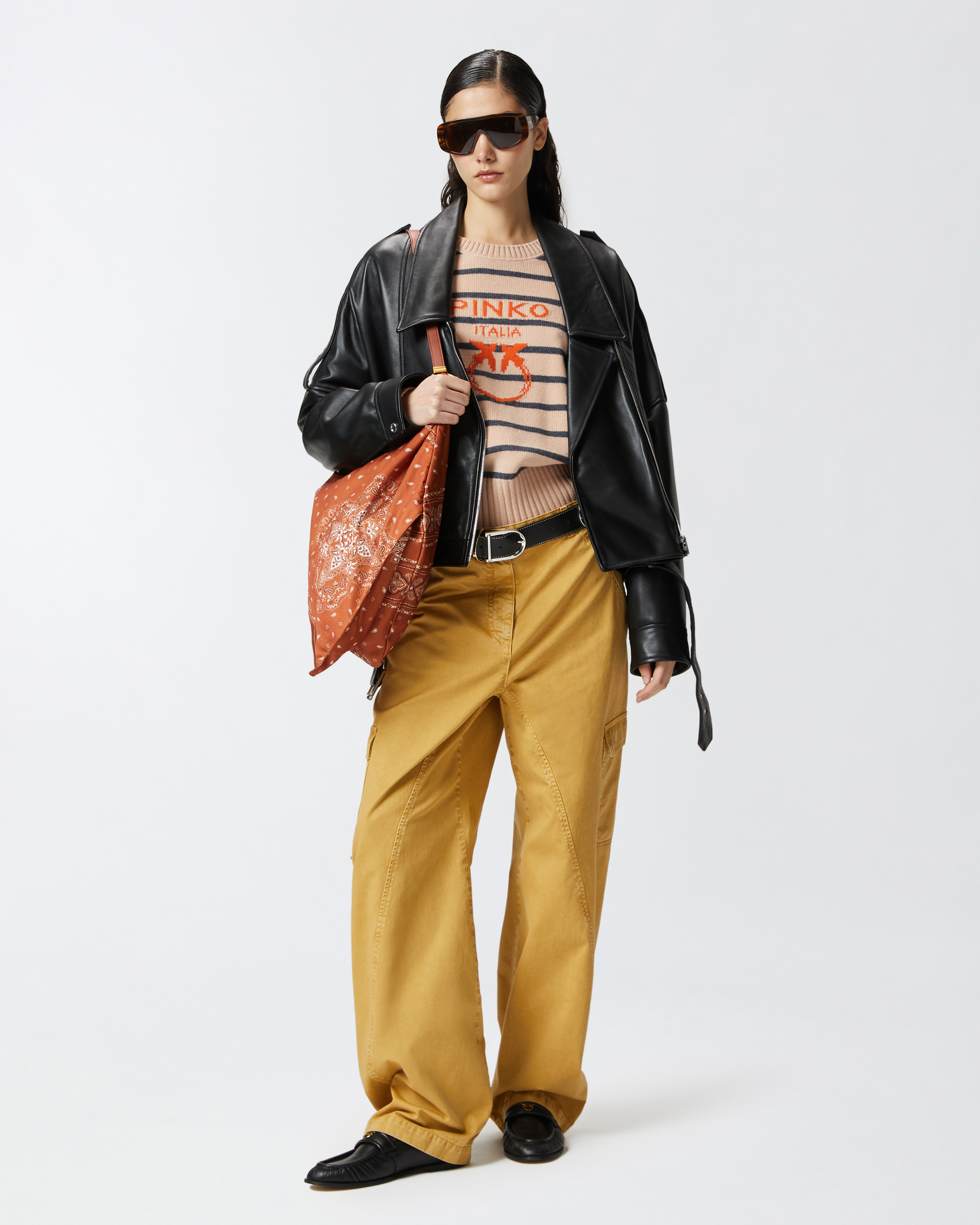 Pinko Striped Sweater With Logo In Nudo/grigio/arancio