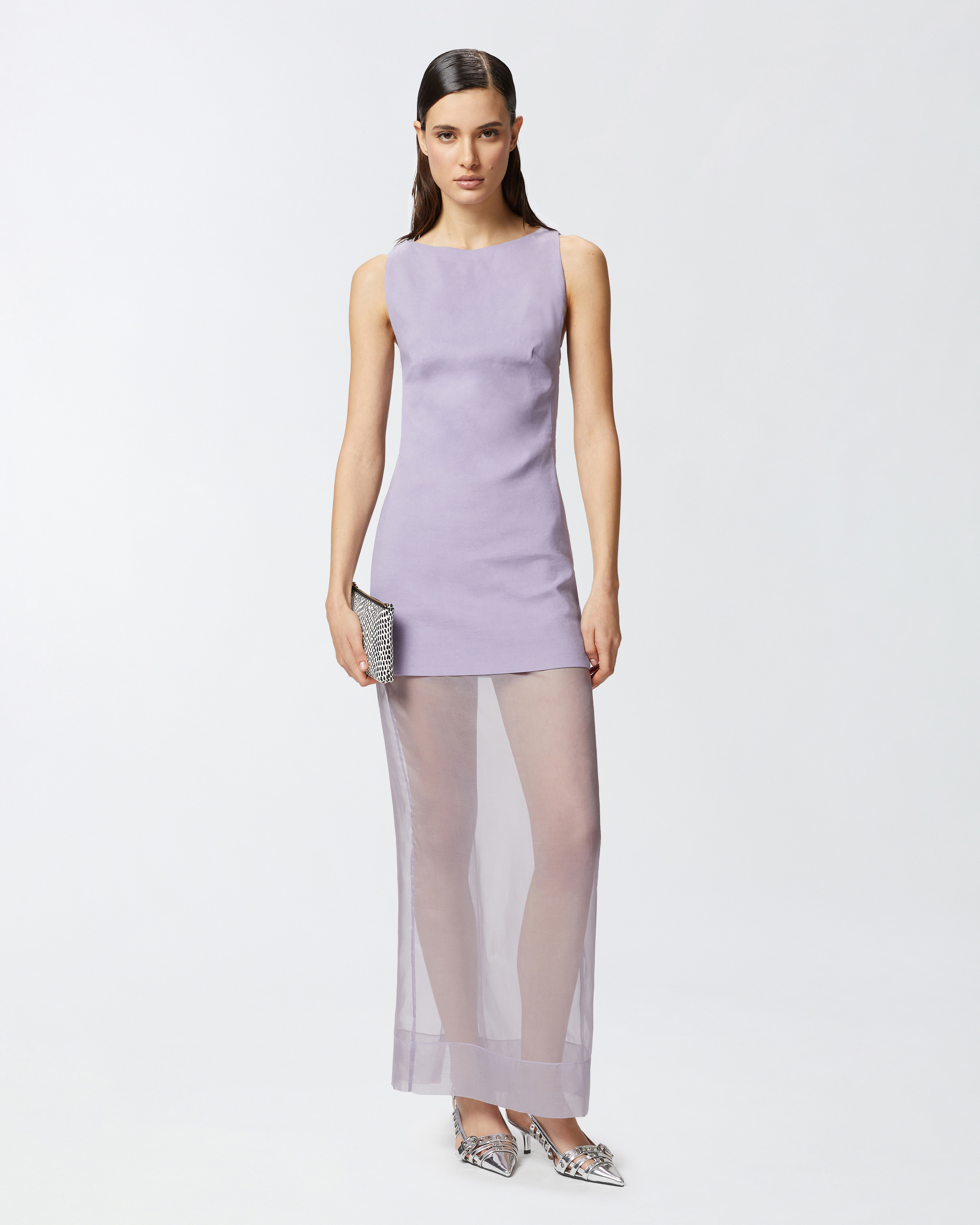 Pinko Long Formal Dress In Linen And Organza In Viola Gesso
