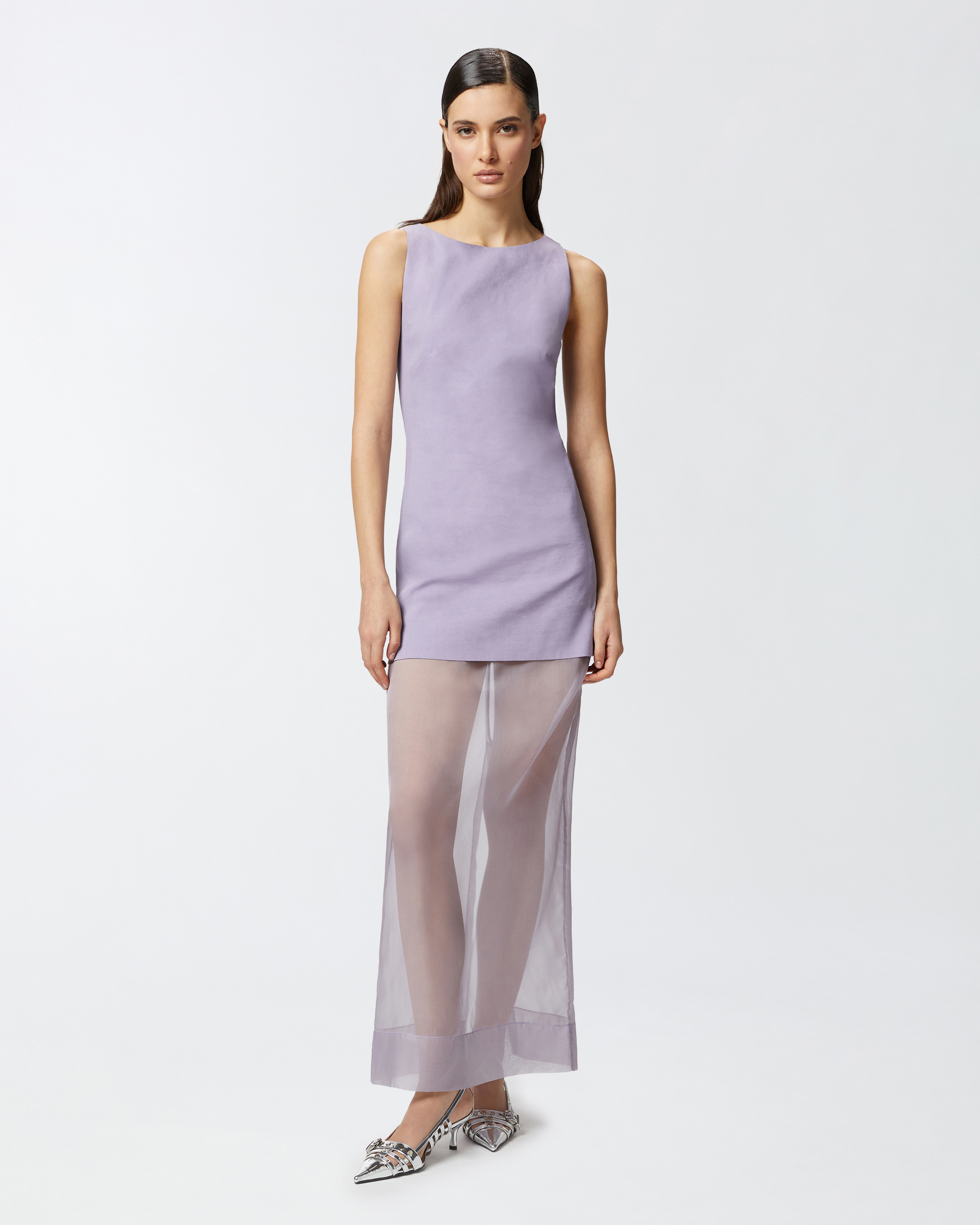 Pinko Long Formal Dress In Linen And Organza In Viola Gesso