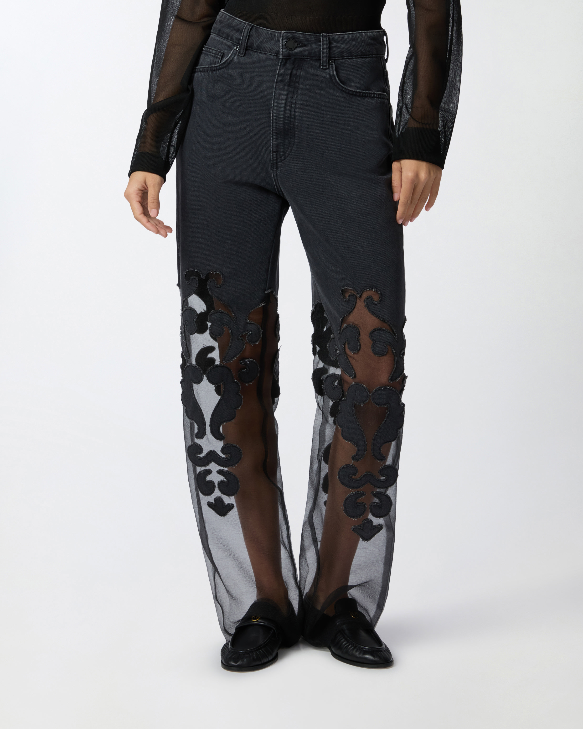 Wide-leg black jeans with sheer organza PINKO → Shop Online