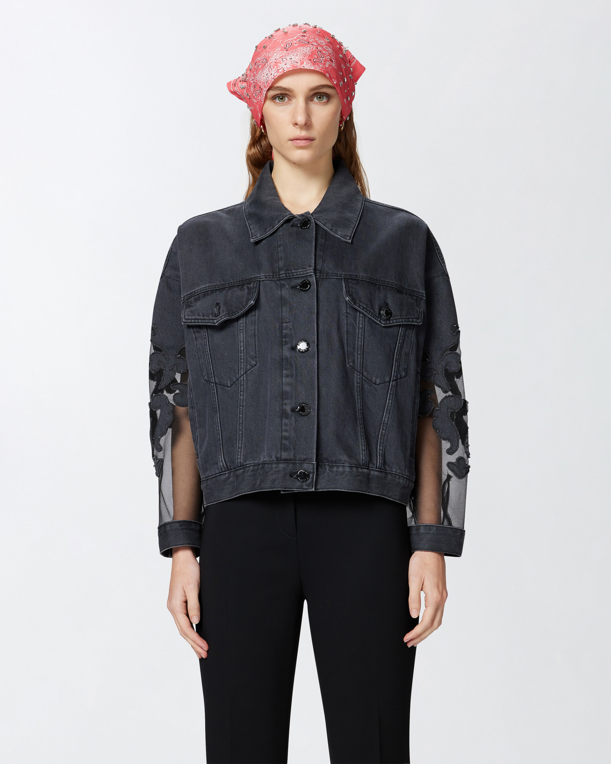 Pinko Black Denim Jacket With Organza Sleeves In Nero Limousine