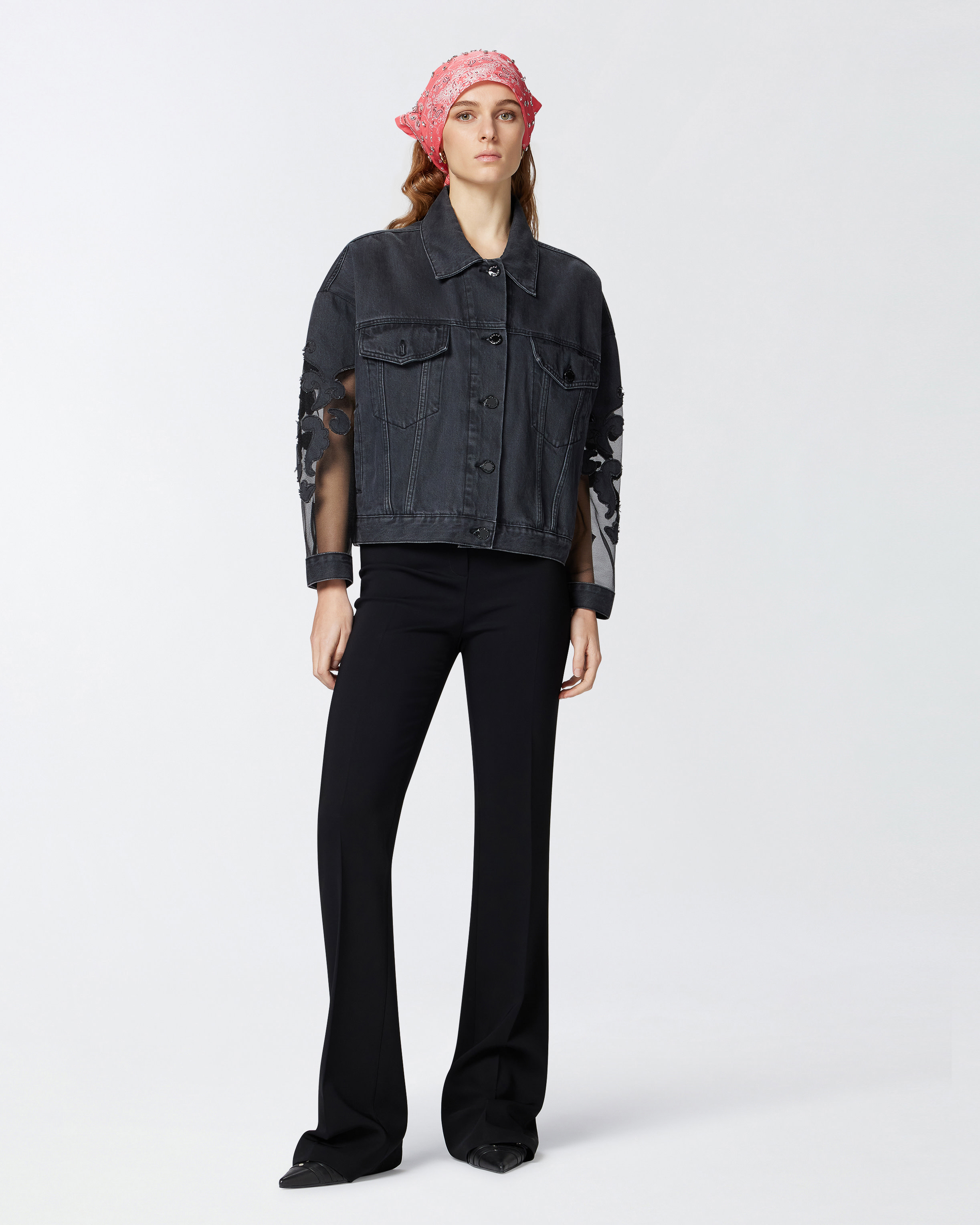 Pinko Black Denim Jacket With Organza Sleeves In Nero Limousine
