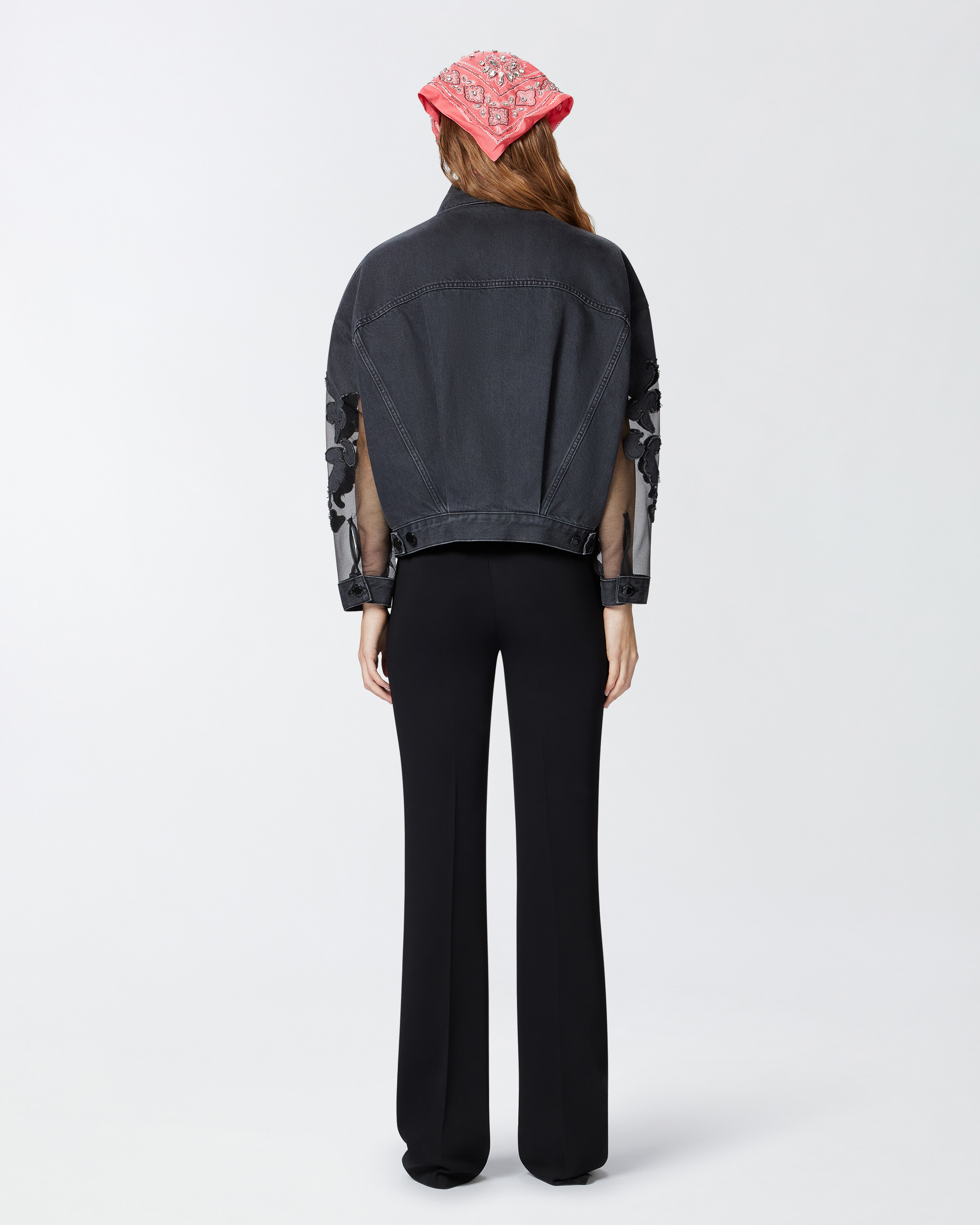 Pinko Black Denim Jacket With Organza Sleeves In Nero Limousine