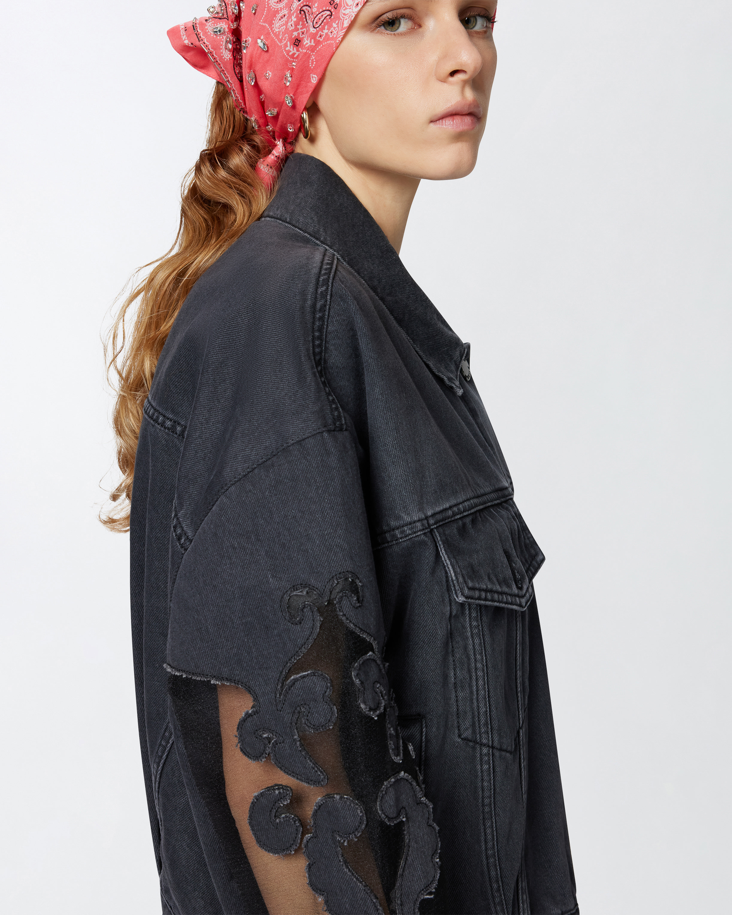 Pinko Black Denim Jacket With Organza Sleeves In Nero Limousine