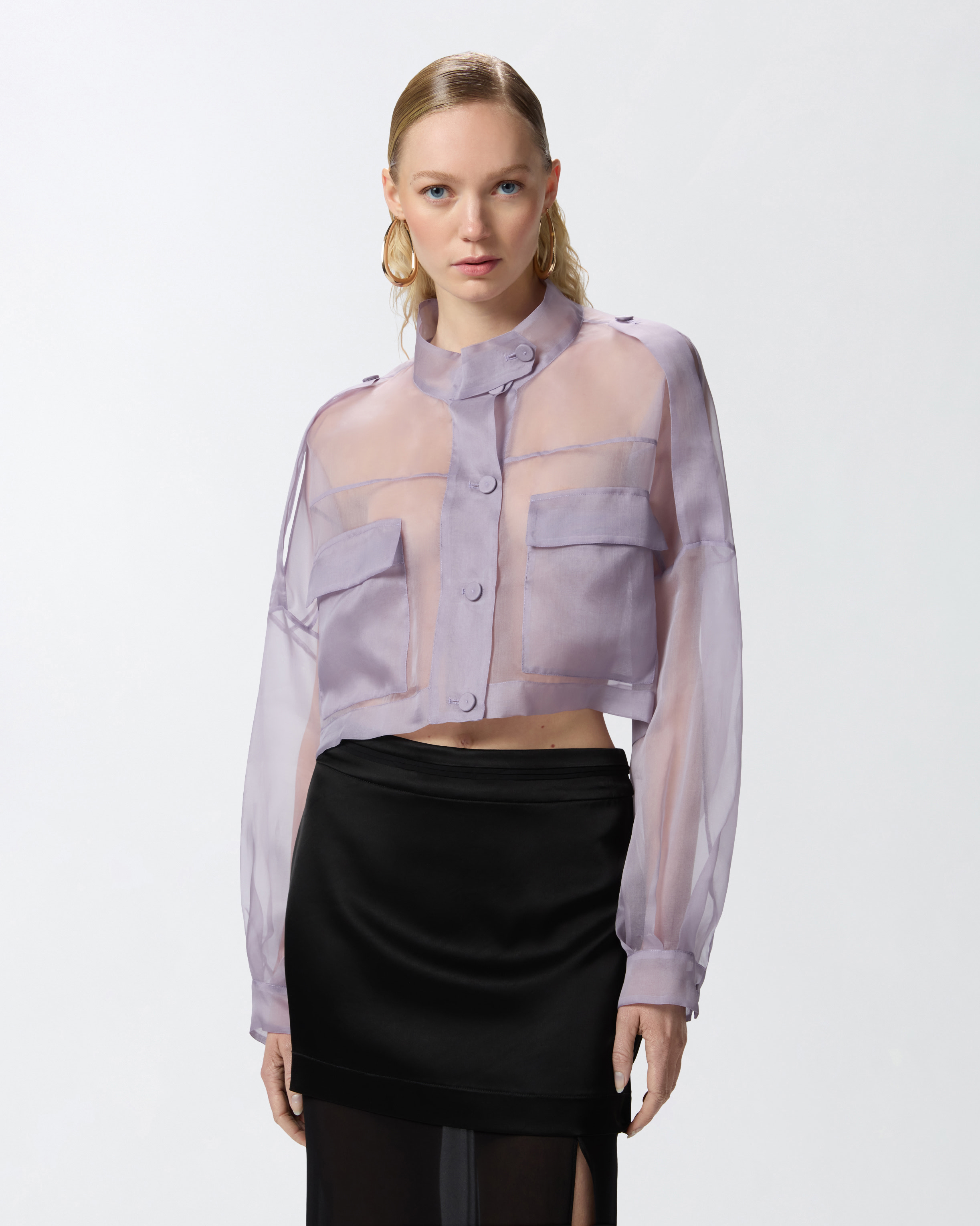 ジャケット PINKO Woman Jacket Violet 104700A2DJ Y63 Small cropped jacket in sheer silk organza PINKO → Shop Online