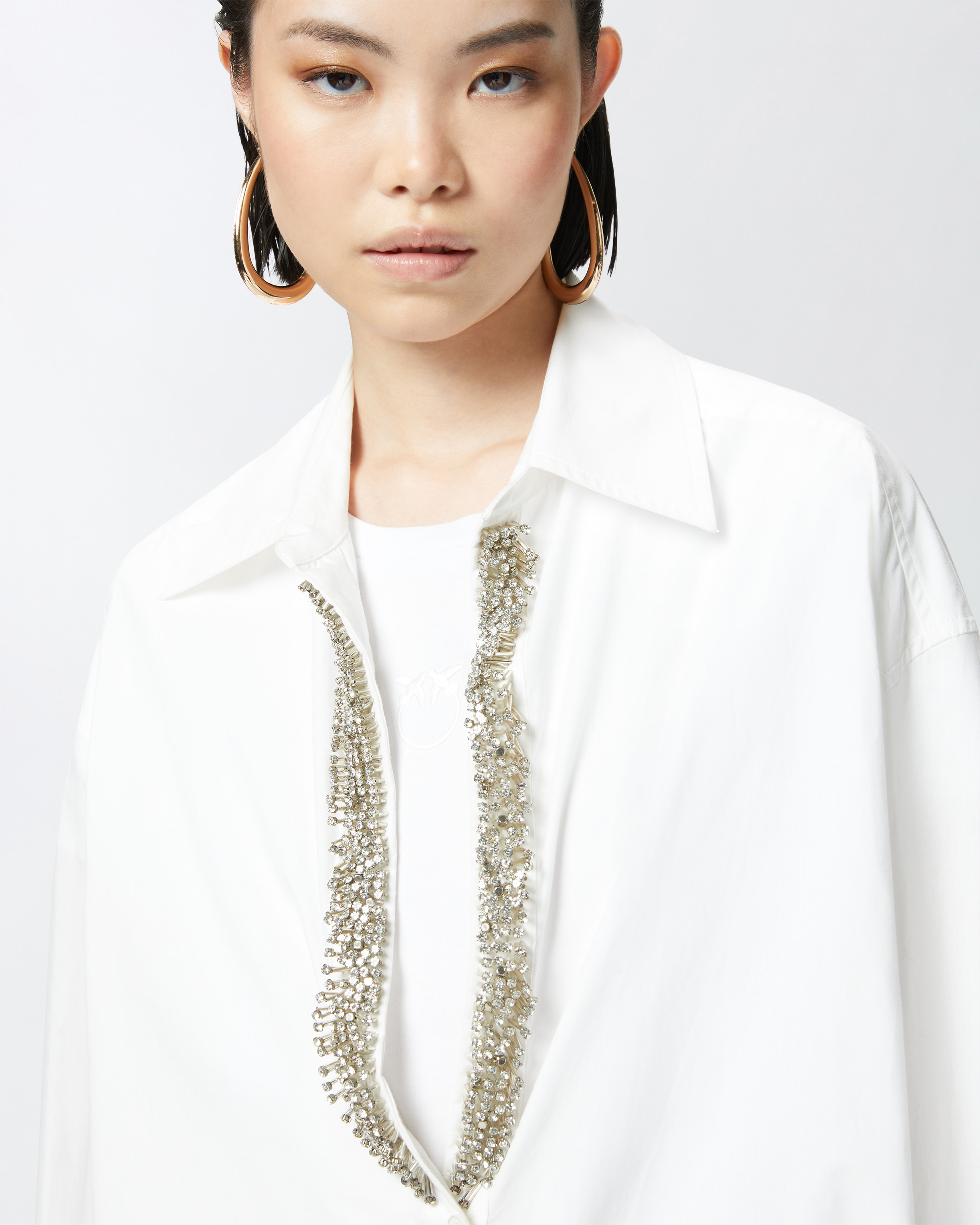 Pinko White V-neck Shirt With Rhinestones In Bright White
