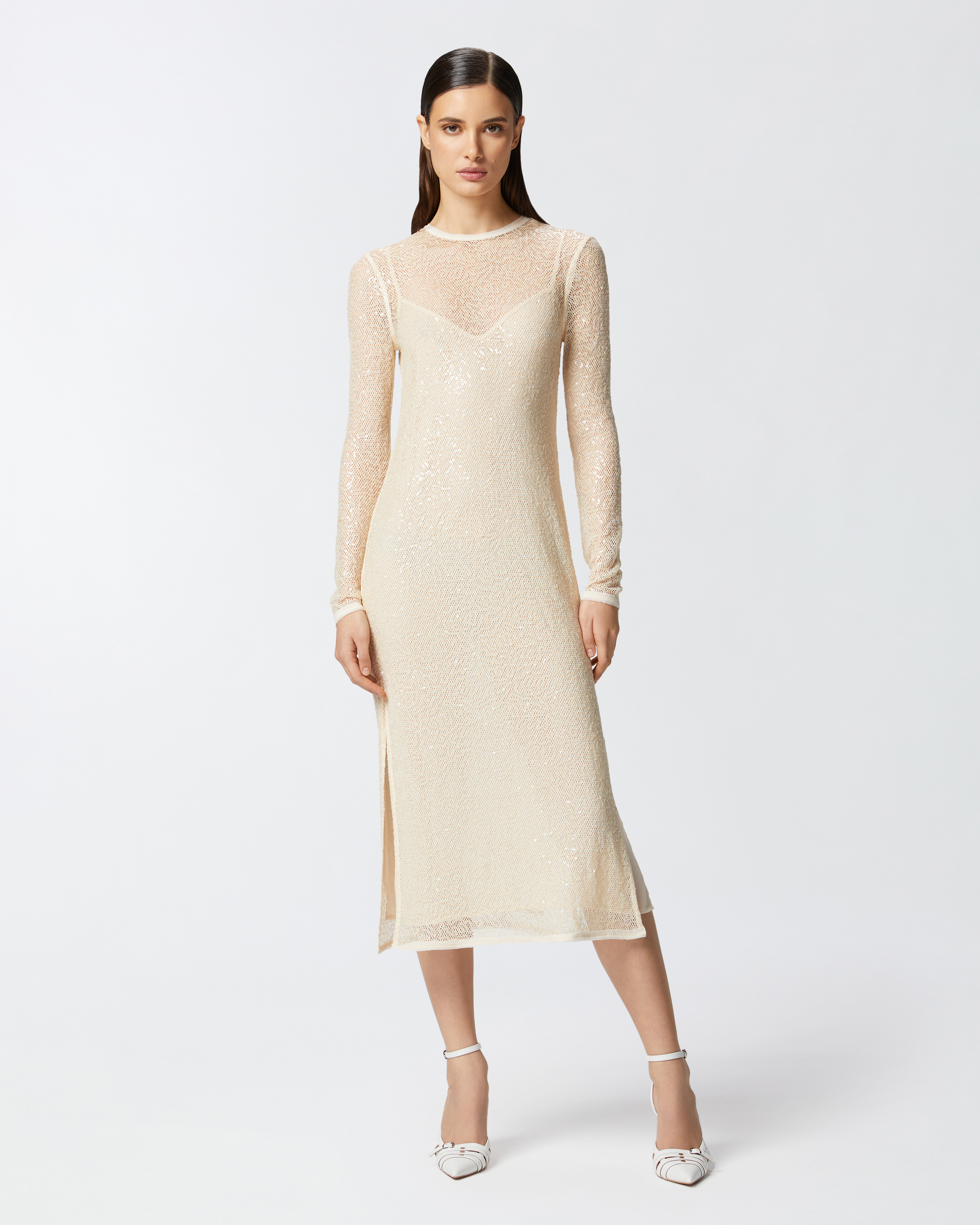 Pinko Sequined Mesh Midi Dress In G. Maroso Beige