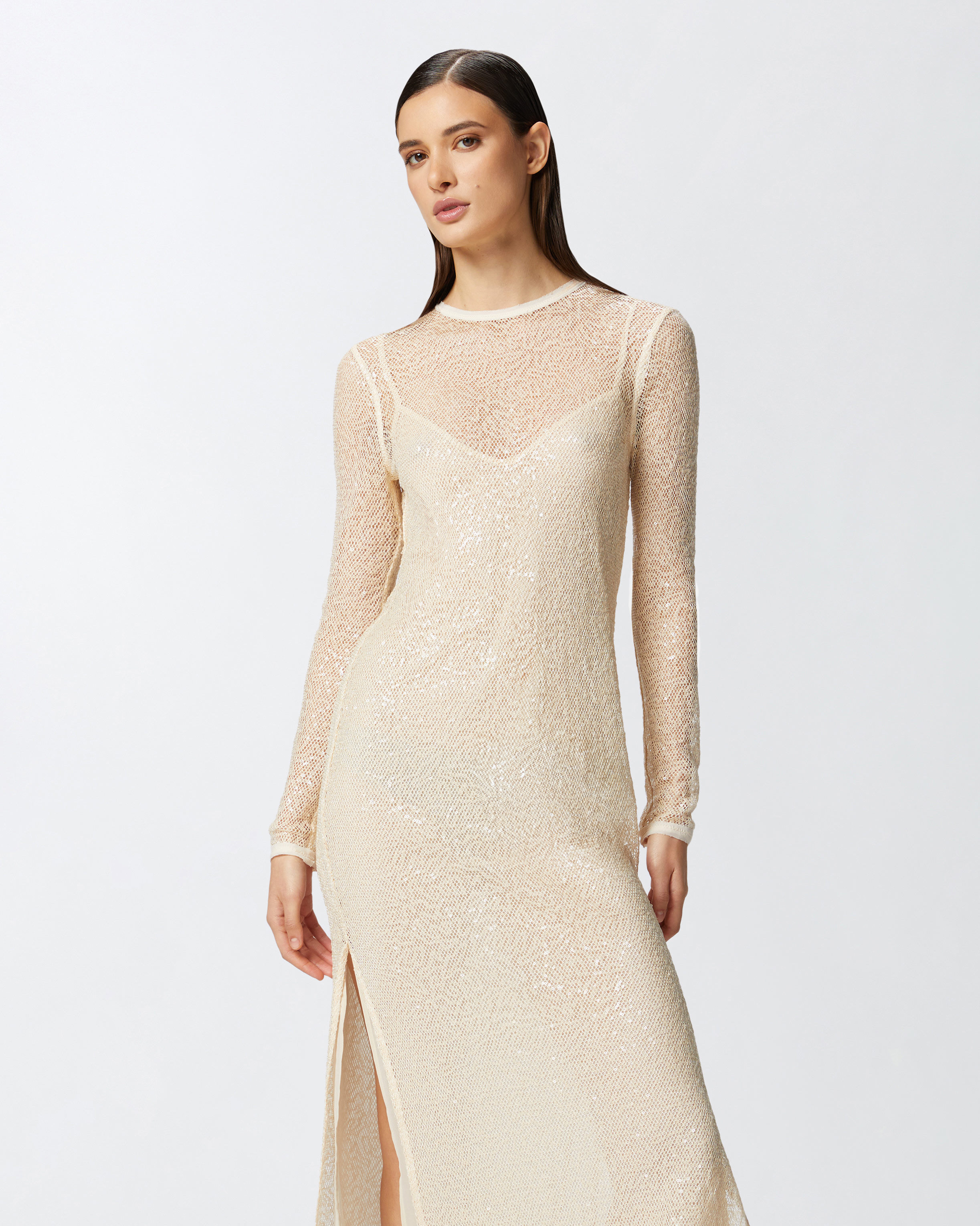 Pinko Sequined Mesh Midi Dress In G. Maroso Beige