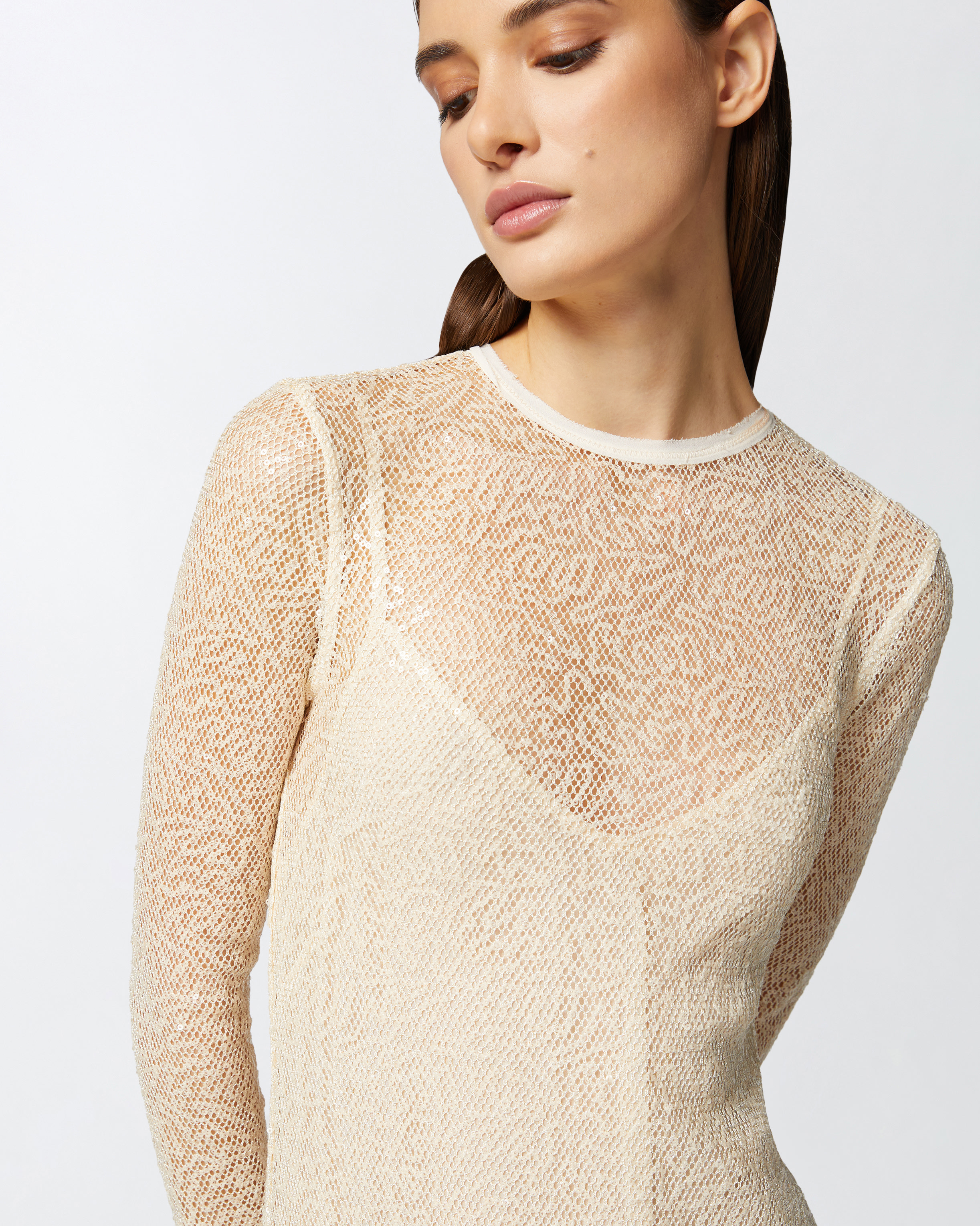 Pinko Sequined Mesh Midi Dress In G. Maroso Beige