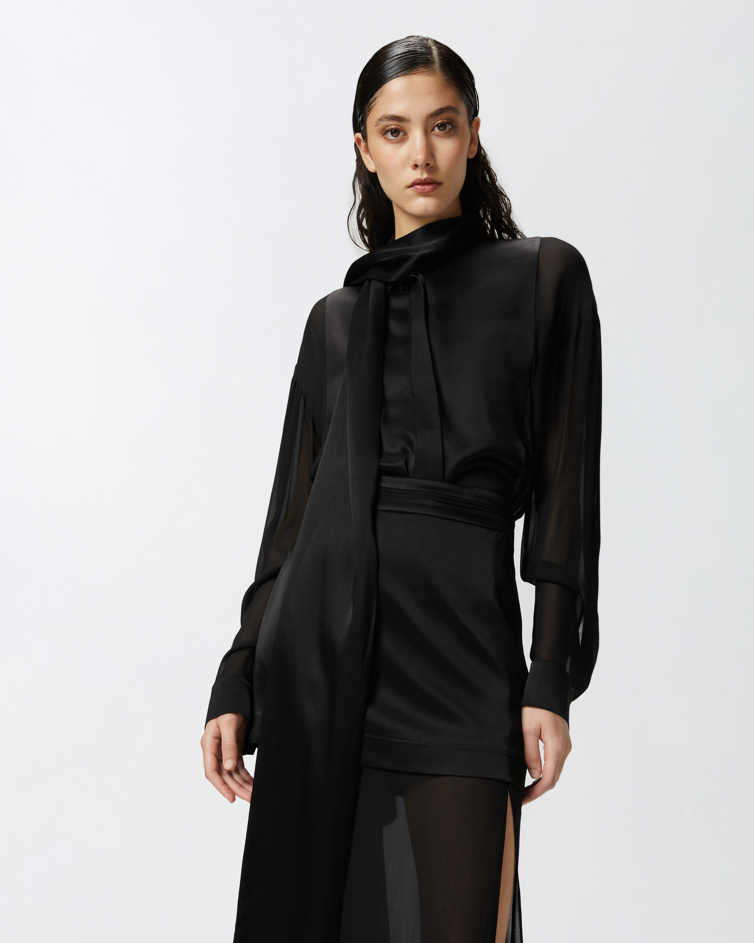 Pinko Flowing Black Viscose Shirt With Classic Collar In Limo Black