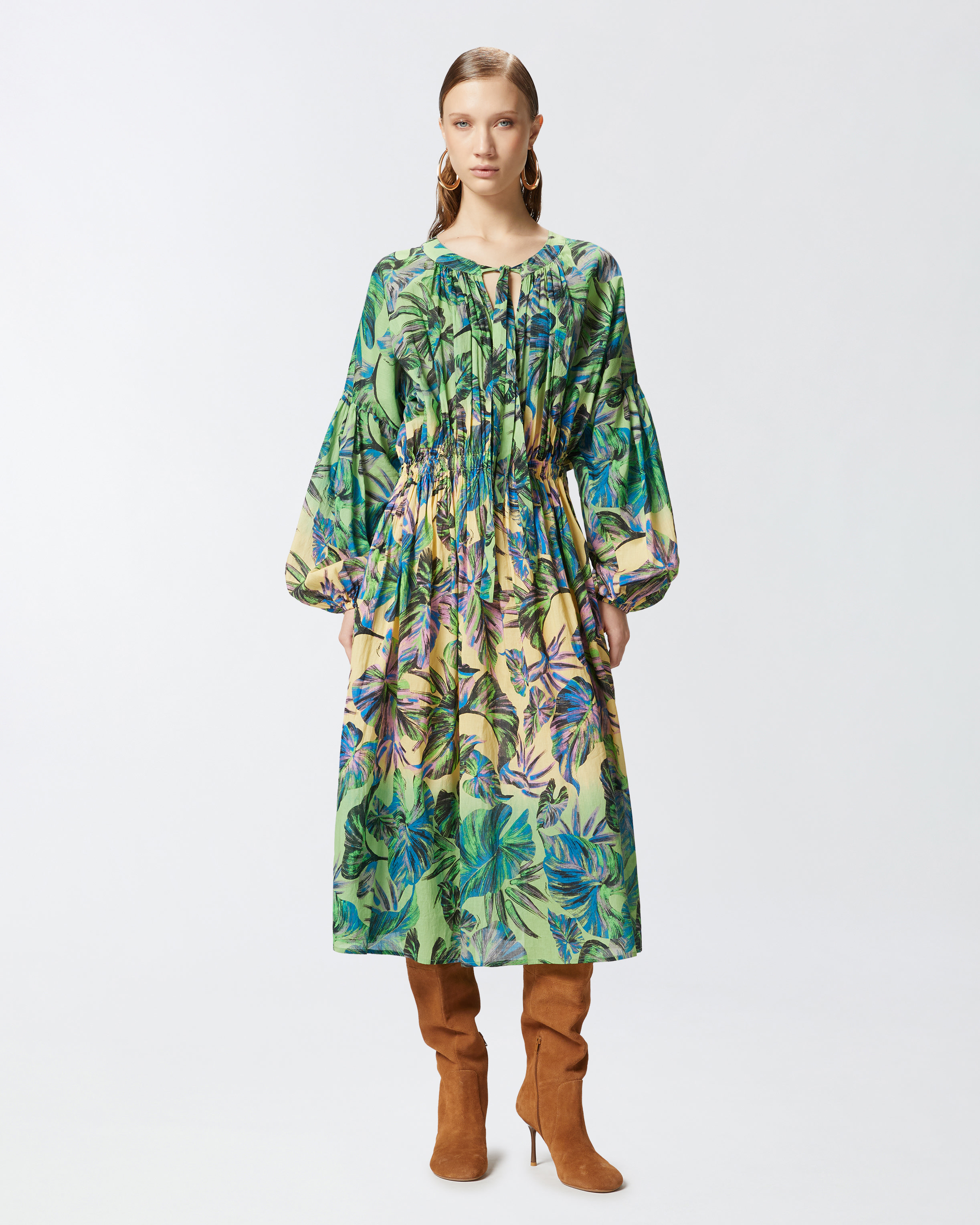 Pinko Wide Midi Dress With Tropical-leaf Motif In Multi. Yellow/pink