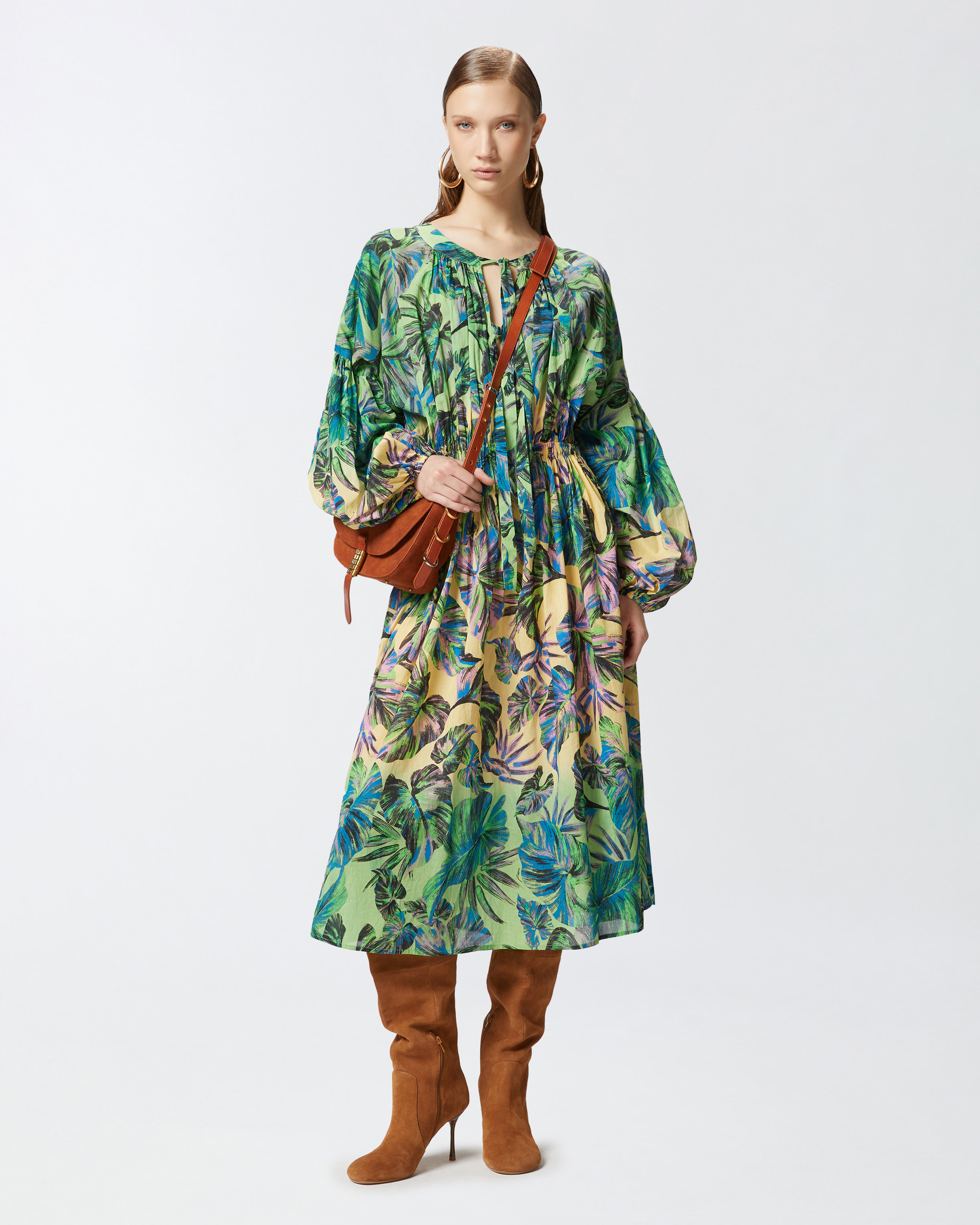 Pinko Wide Midi Dress With Tropical-leaf Motif In Multi. Yellow/pink
