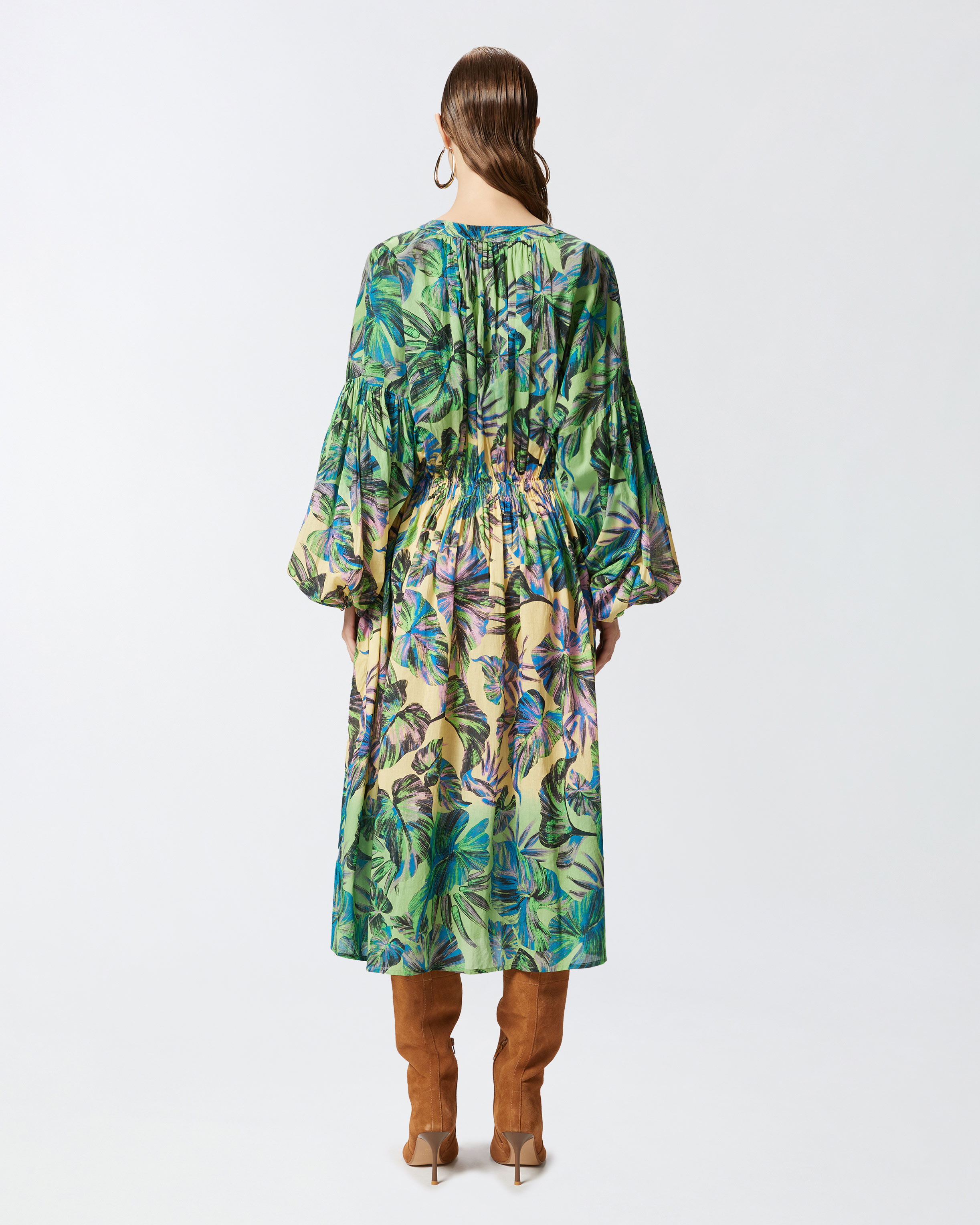 Pinko Wide Midi Dress With Tropical-leaf Motif In Multi. Yellow/pink