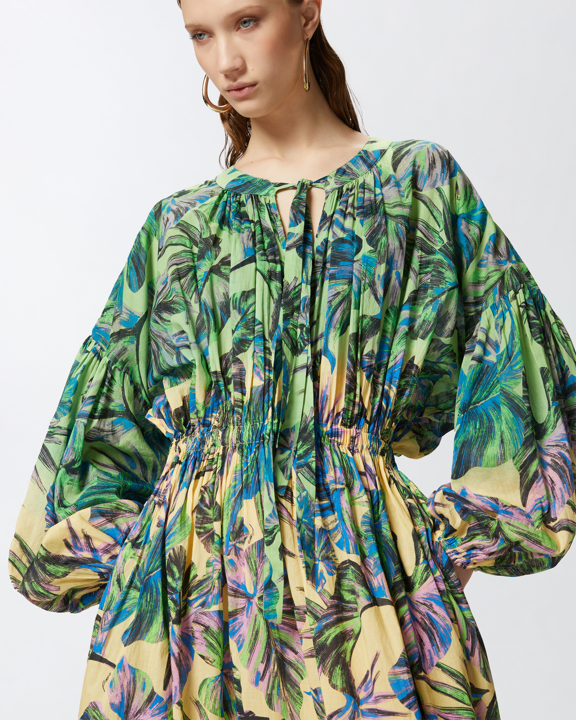 Pinko Wide Midi Dress With Tropical-leaf Motif In Multi. Yellow/pink