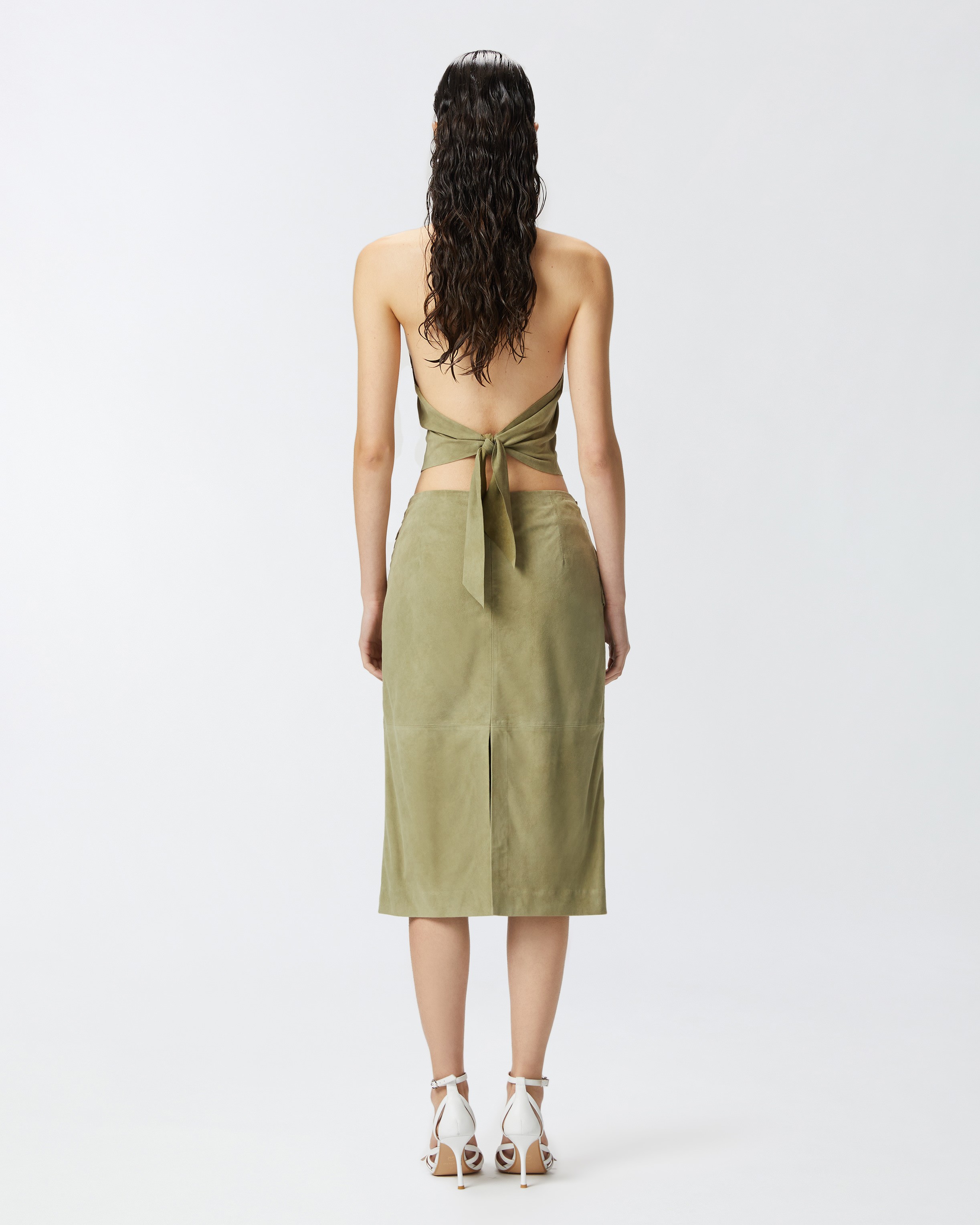 Pinko Leather Midi Skirt In Light Moss Green
