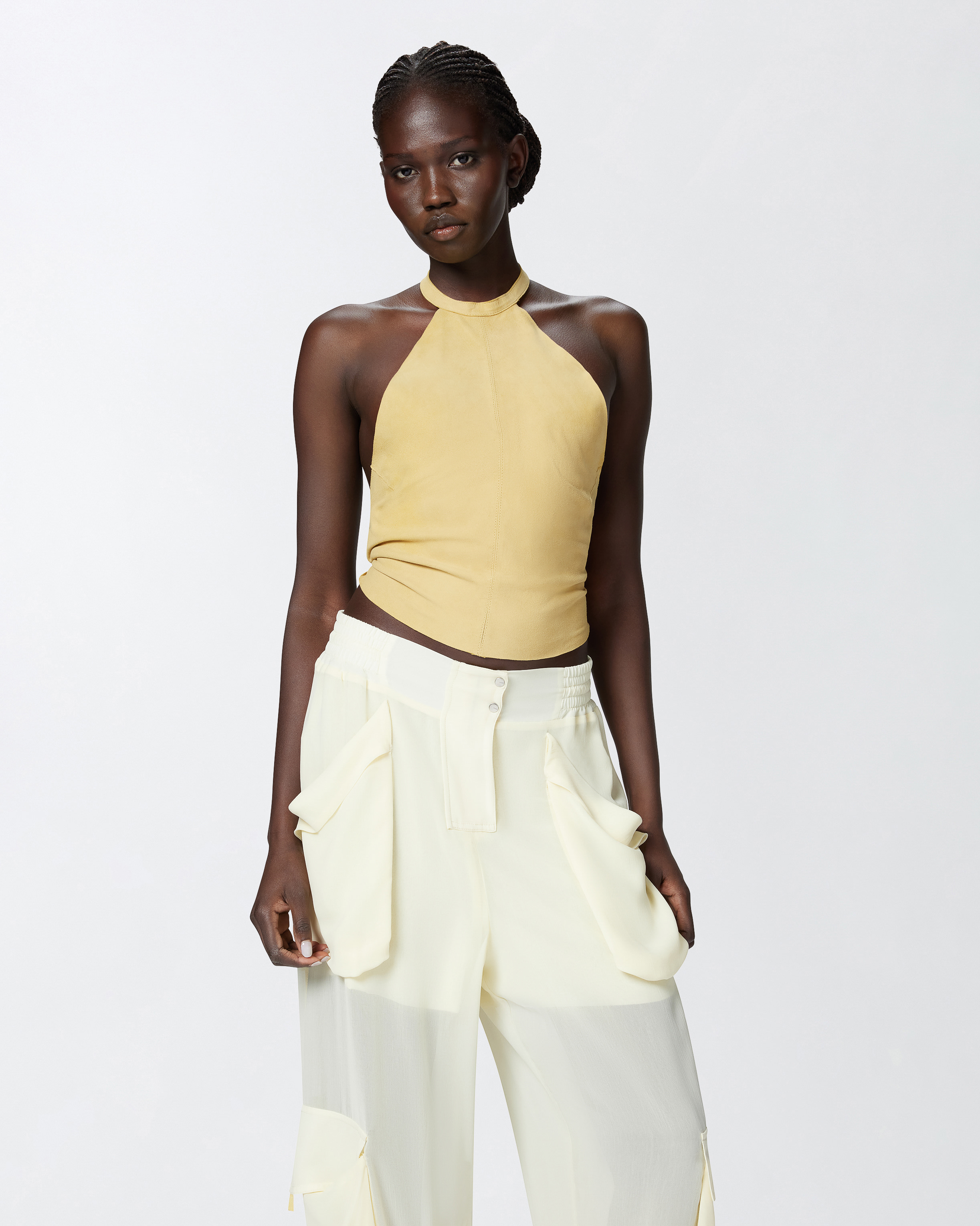 Pinko Suede Halterneck Tie-back Sleeveless Top In Jaune Canna
