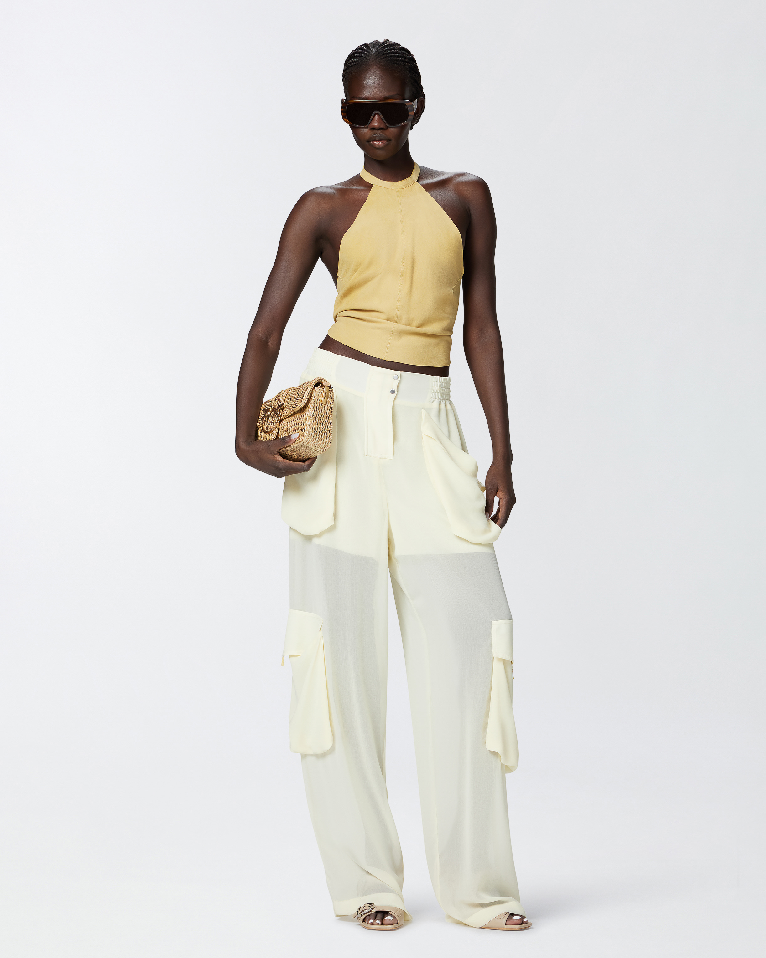 Pinko Suede Halterneck Tie-back Sleeveless Top In Jaune Canna