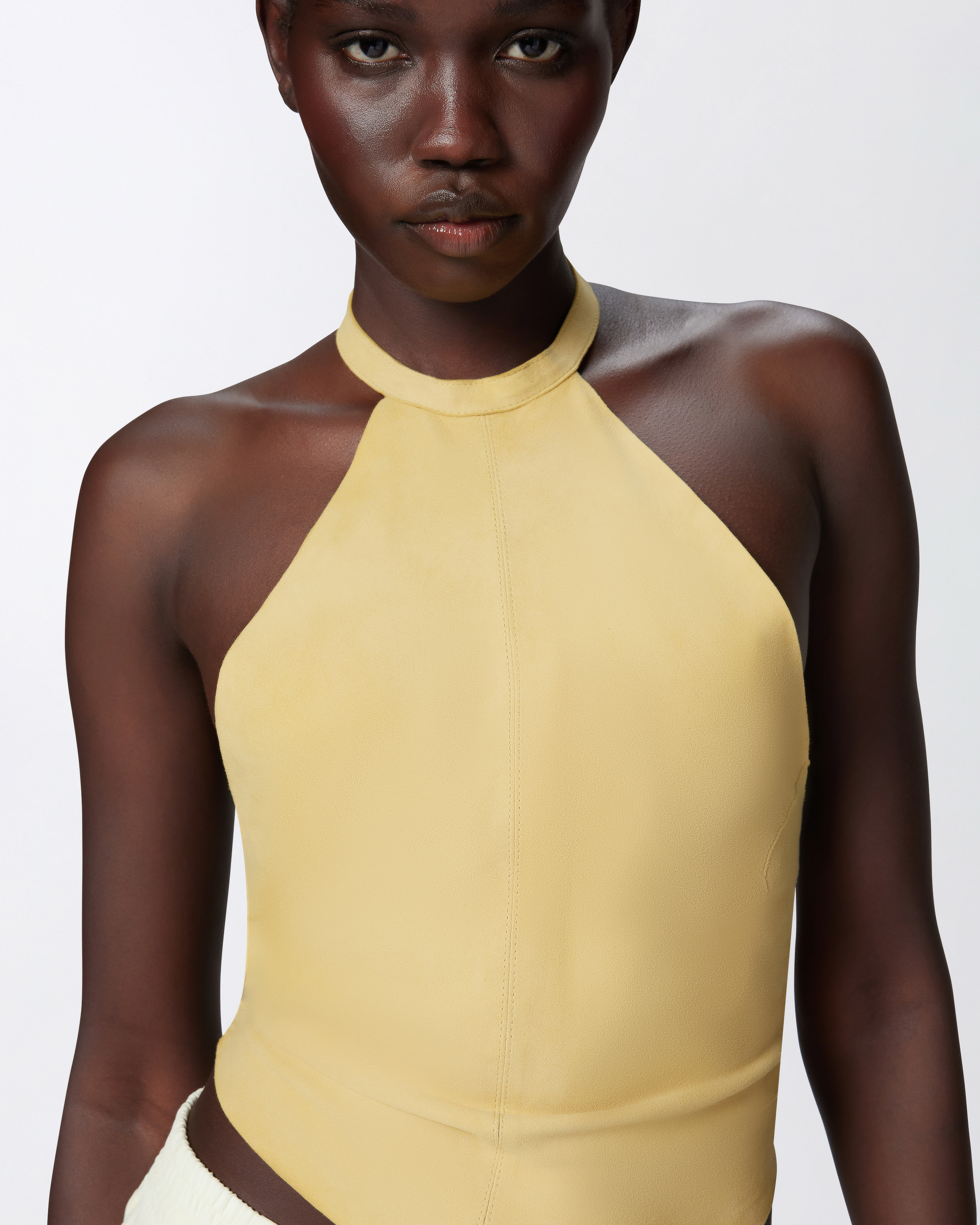 Pinko Suede Halterneck Tie-back Sleeveless Top In Jaune Canna