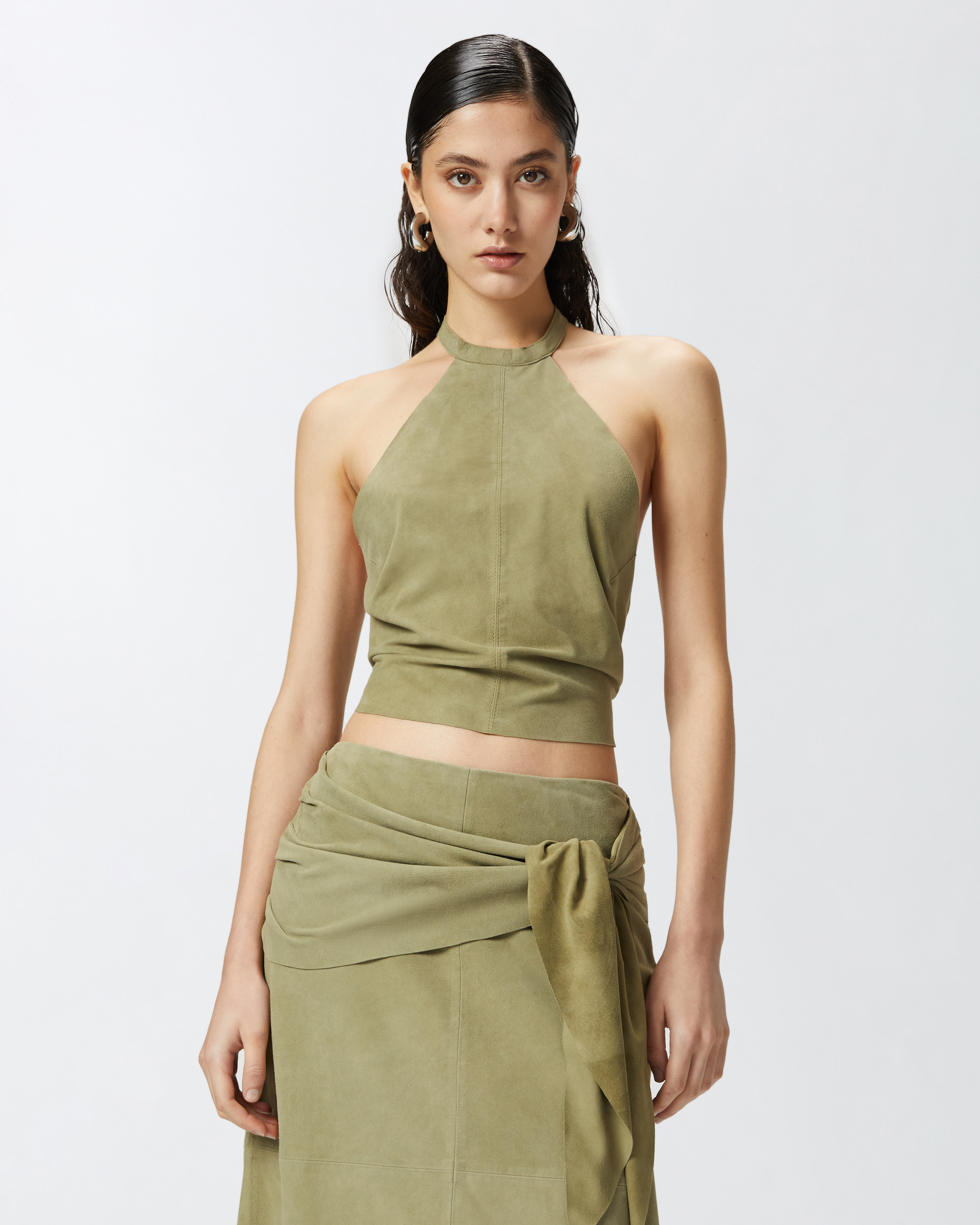 Pinko Suede Top With Open Back In Light Moss Green