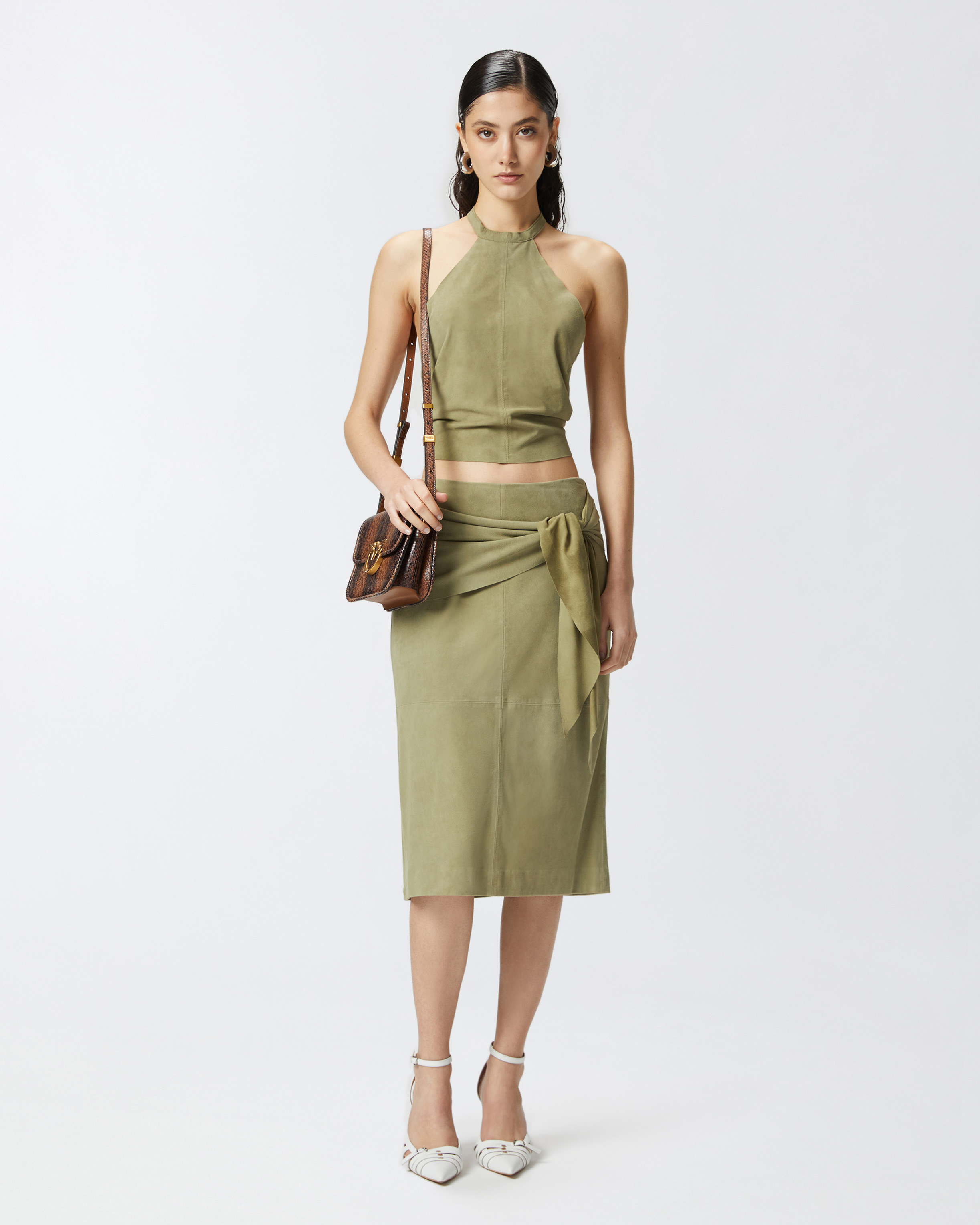 Pinko Suede Top With Open Back In Light Moss Green