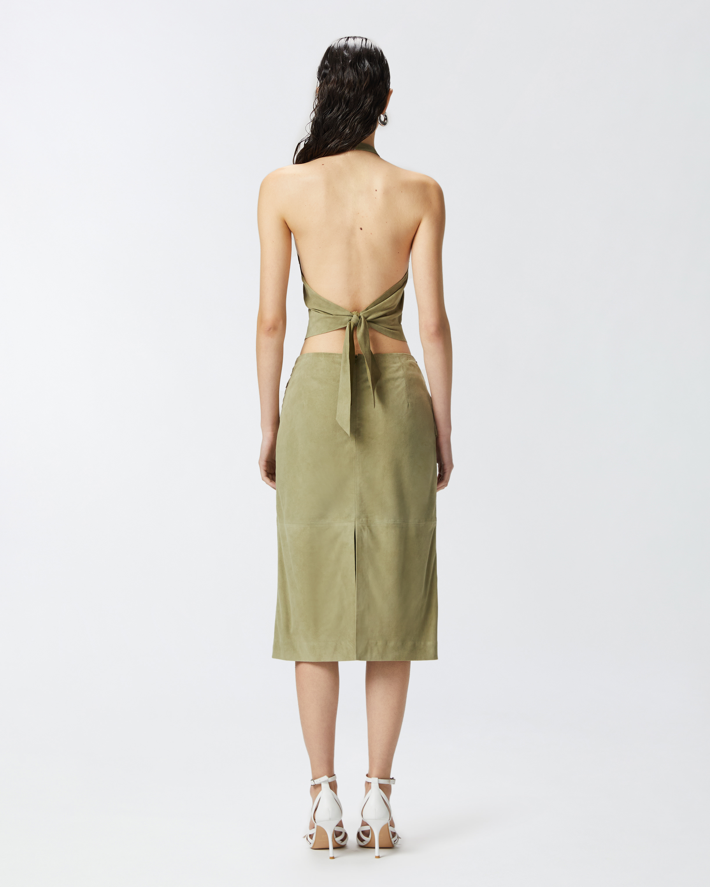 Pinko Suede Top With Open Back In Light Moss Green
