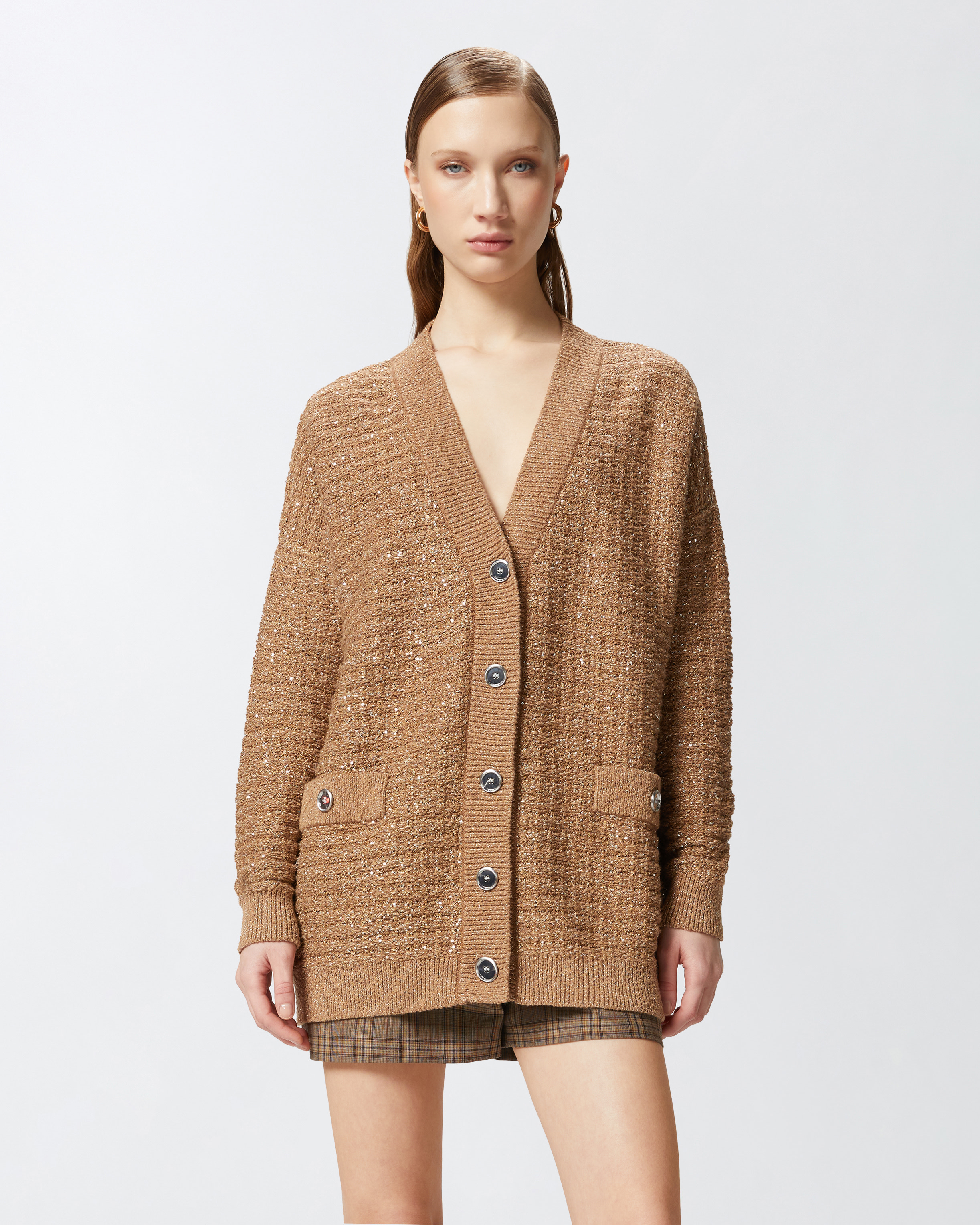 Pinko Metallic Mat Cardigan With Sequins In Beige-gallinaccio