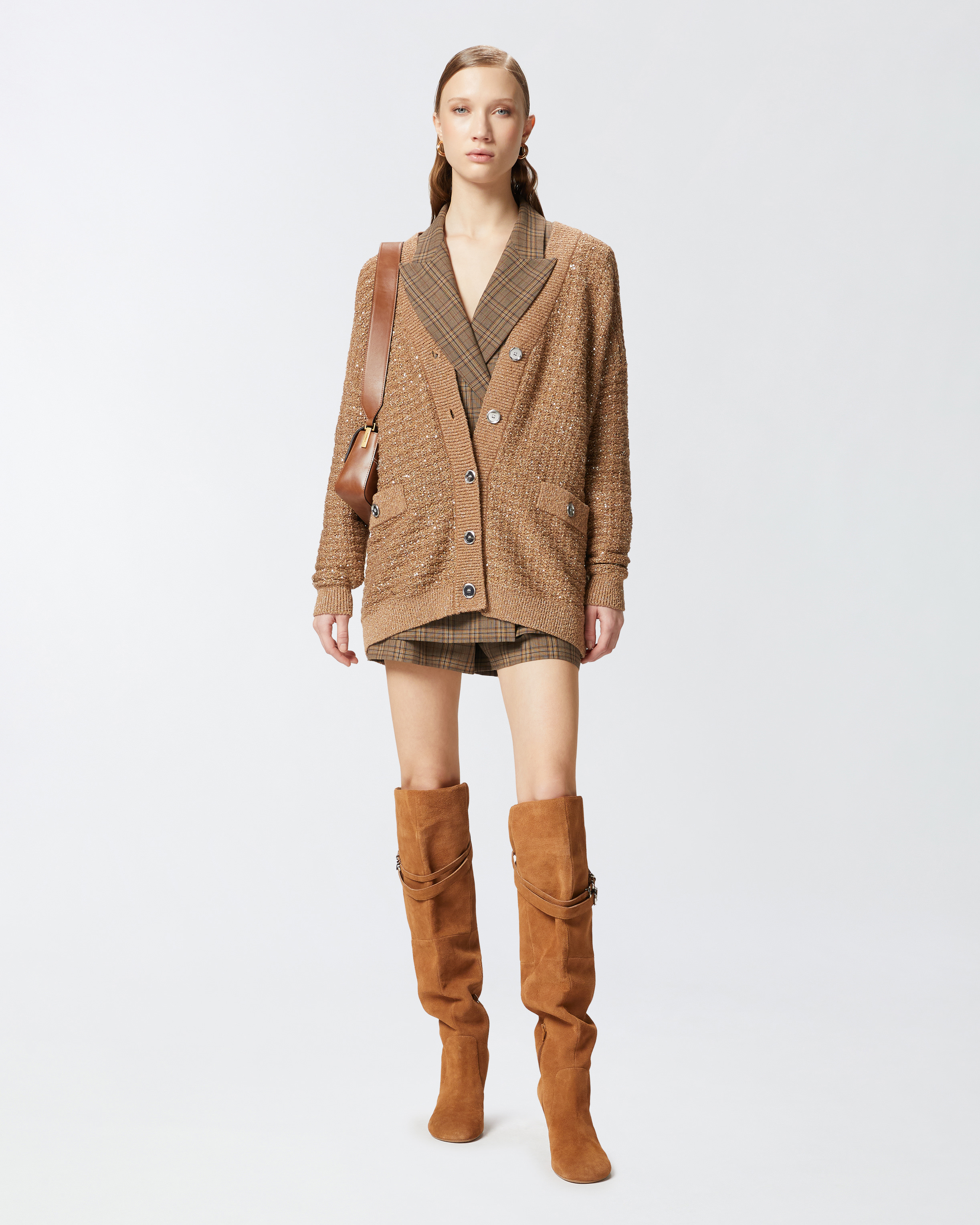 Pinko Metallic Mat Cardigan With Sequins In Beige-gallinaccio