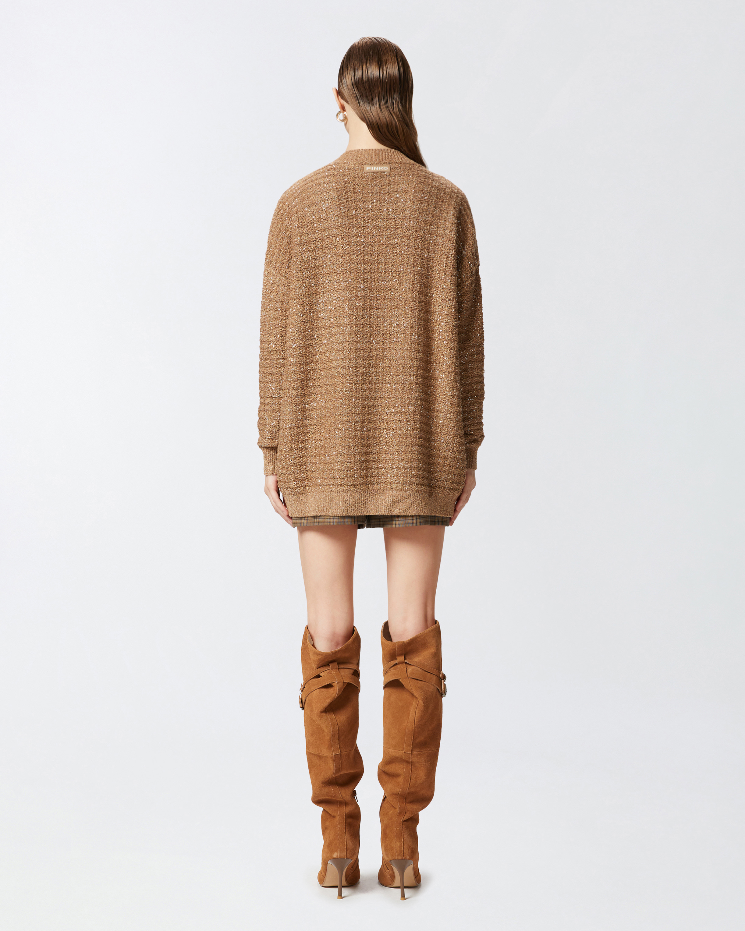 Pinko Metallic Mat Cardigan With Sequins In Beige-gallinaccio