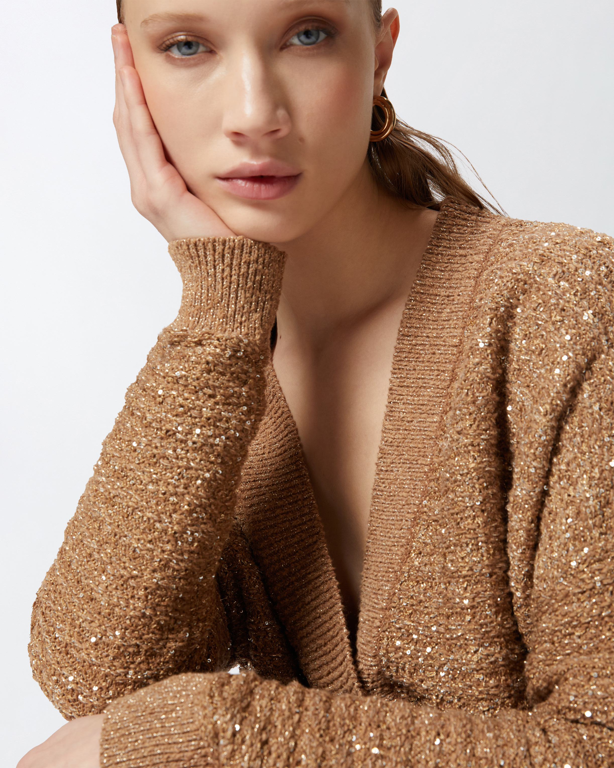 Pinko Metallic Mat Cardigan With Sequins In Beige-gallinaccio