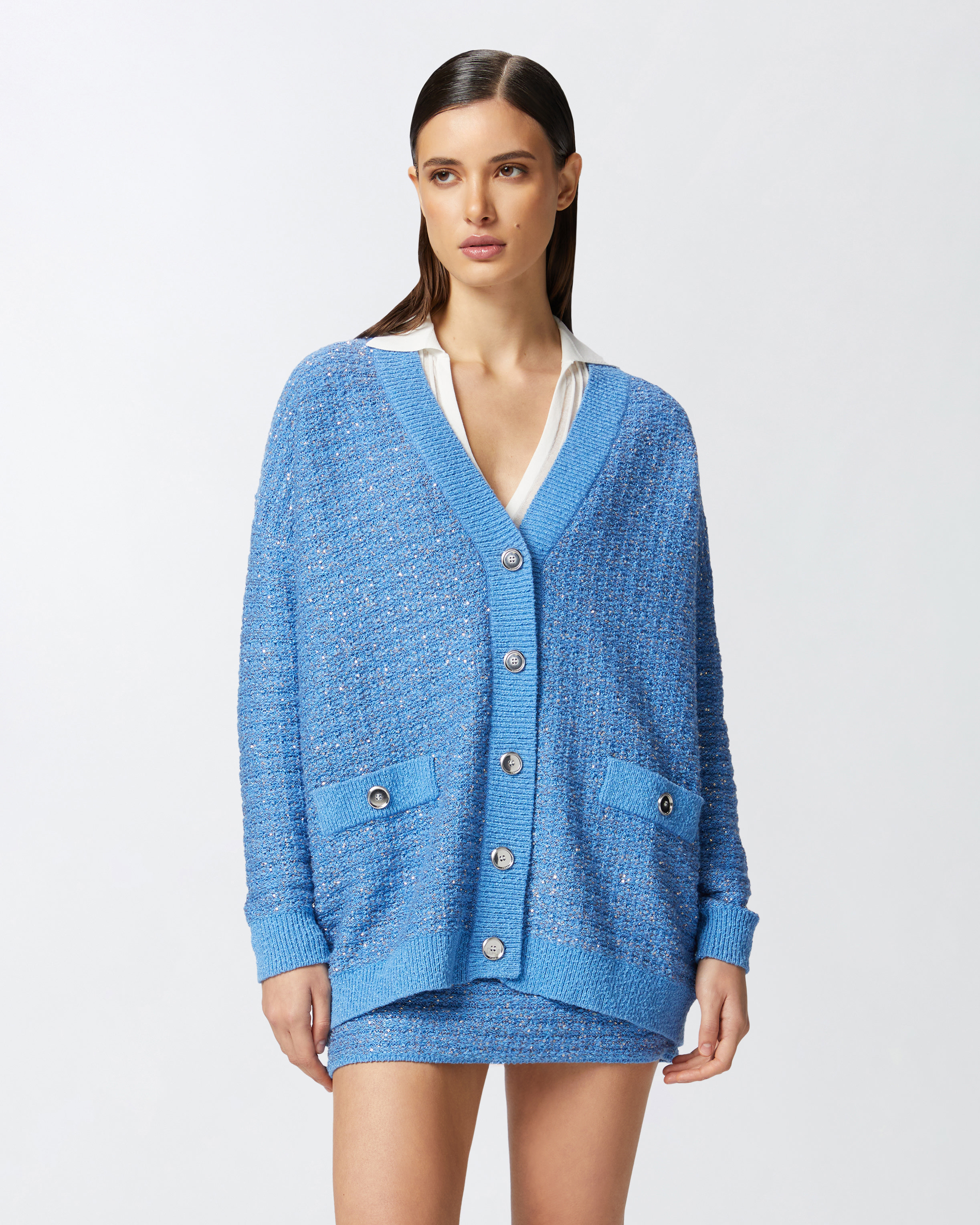 Pinko Metallic Mat Cardigan With Sequins In Bleu Amparo