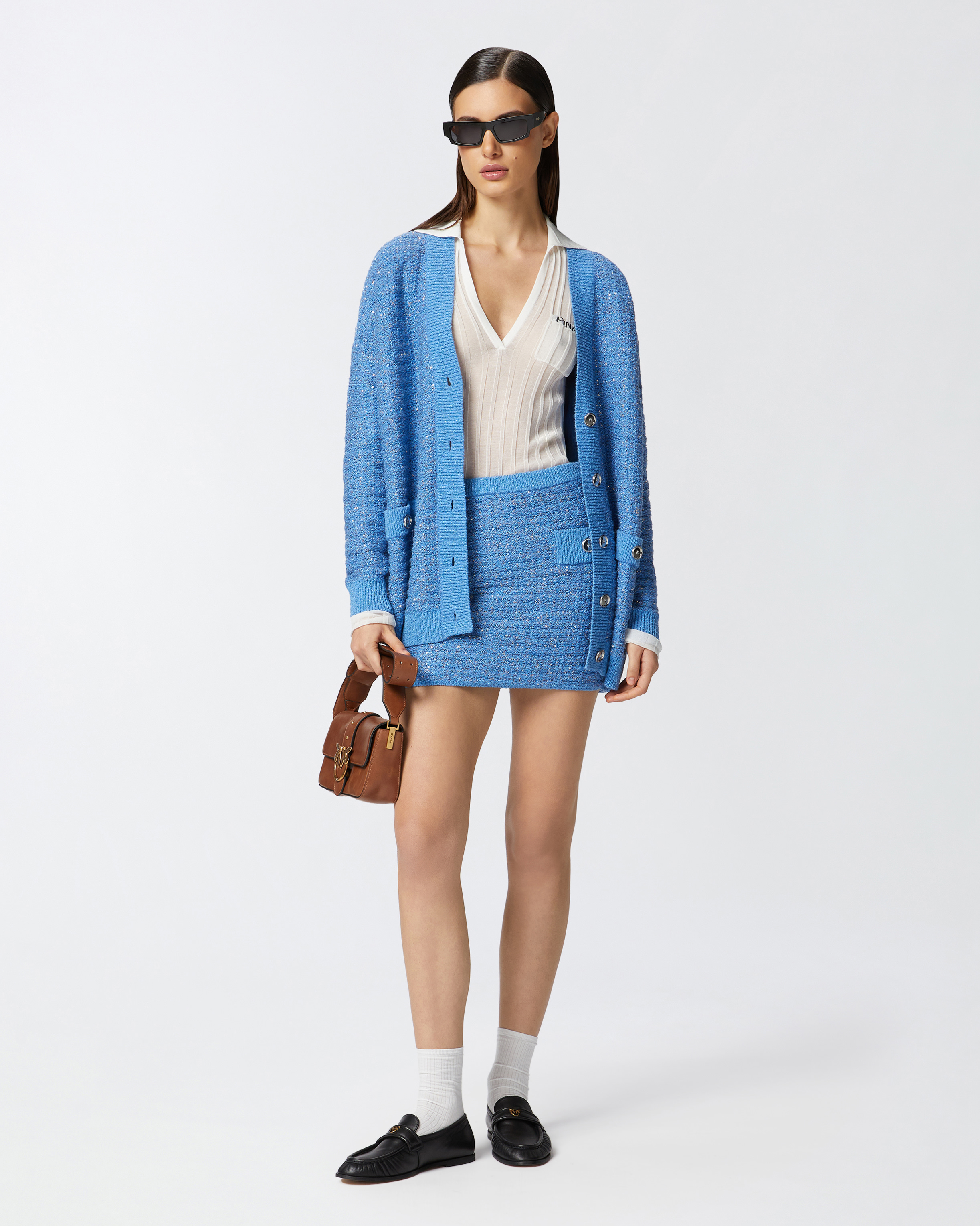 Pinko Metallic Mat Cardigan With Sequins In Bleu Amparo