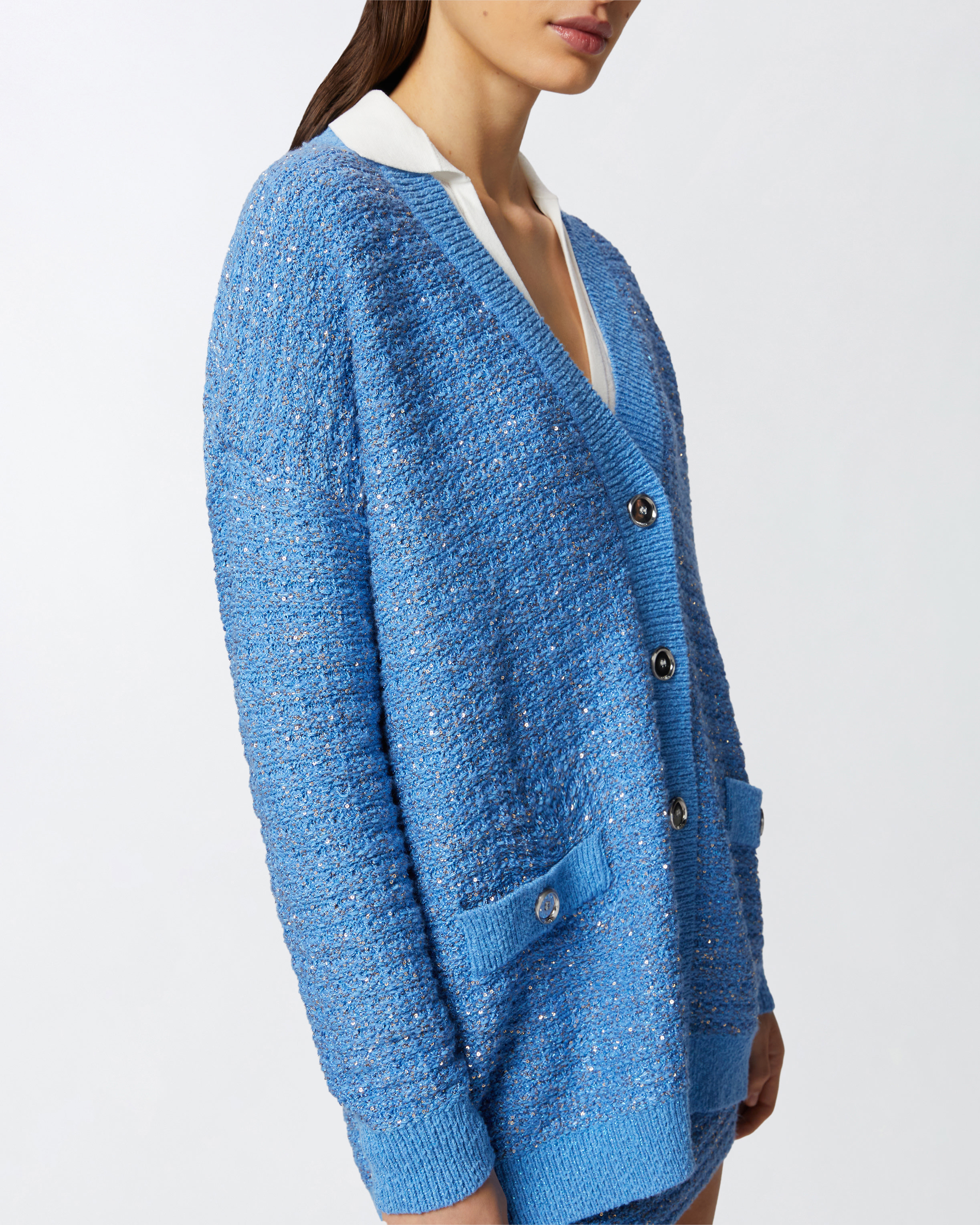 Pinko Metallic Mat Cardigan With Sequins In Bleu Amparo