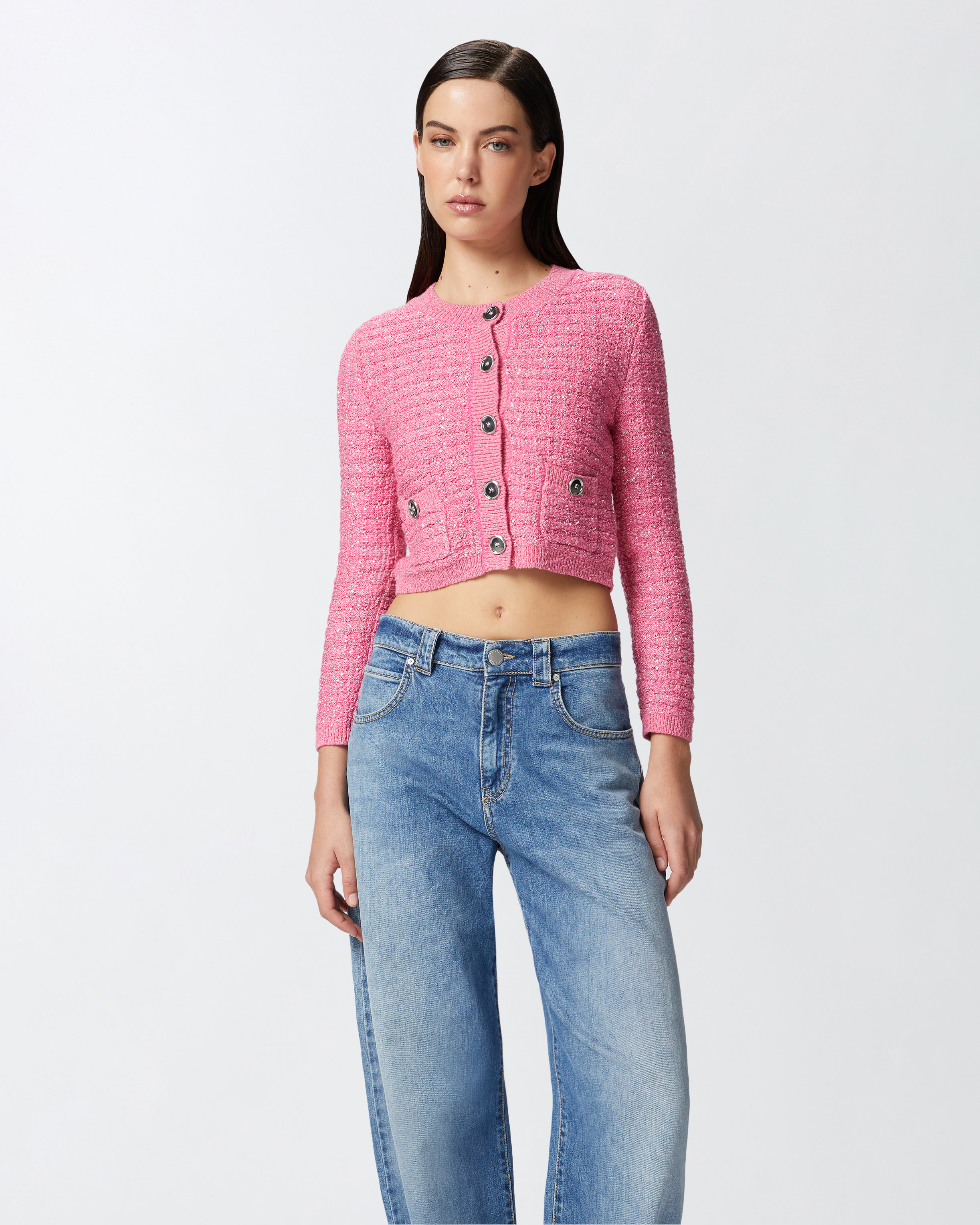 Pinko Short Jacket With Sequins And Breast Pockets In Convolvulus Pink