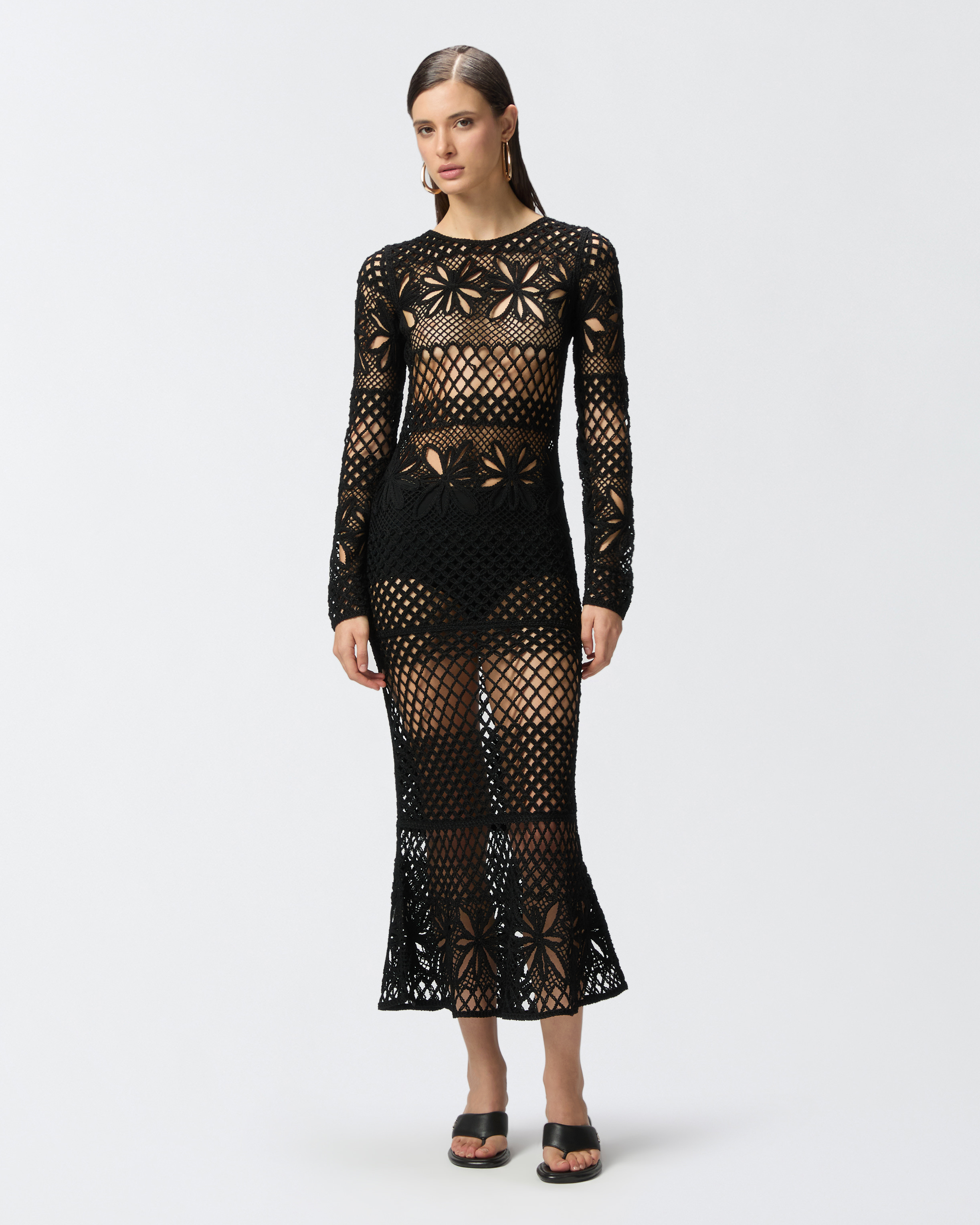 Pinko Long Openwork Crochet Dress In Limo Black