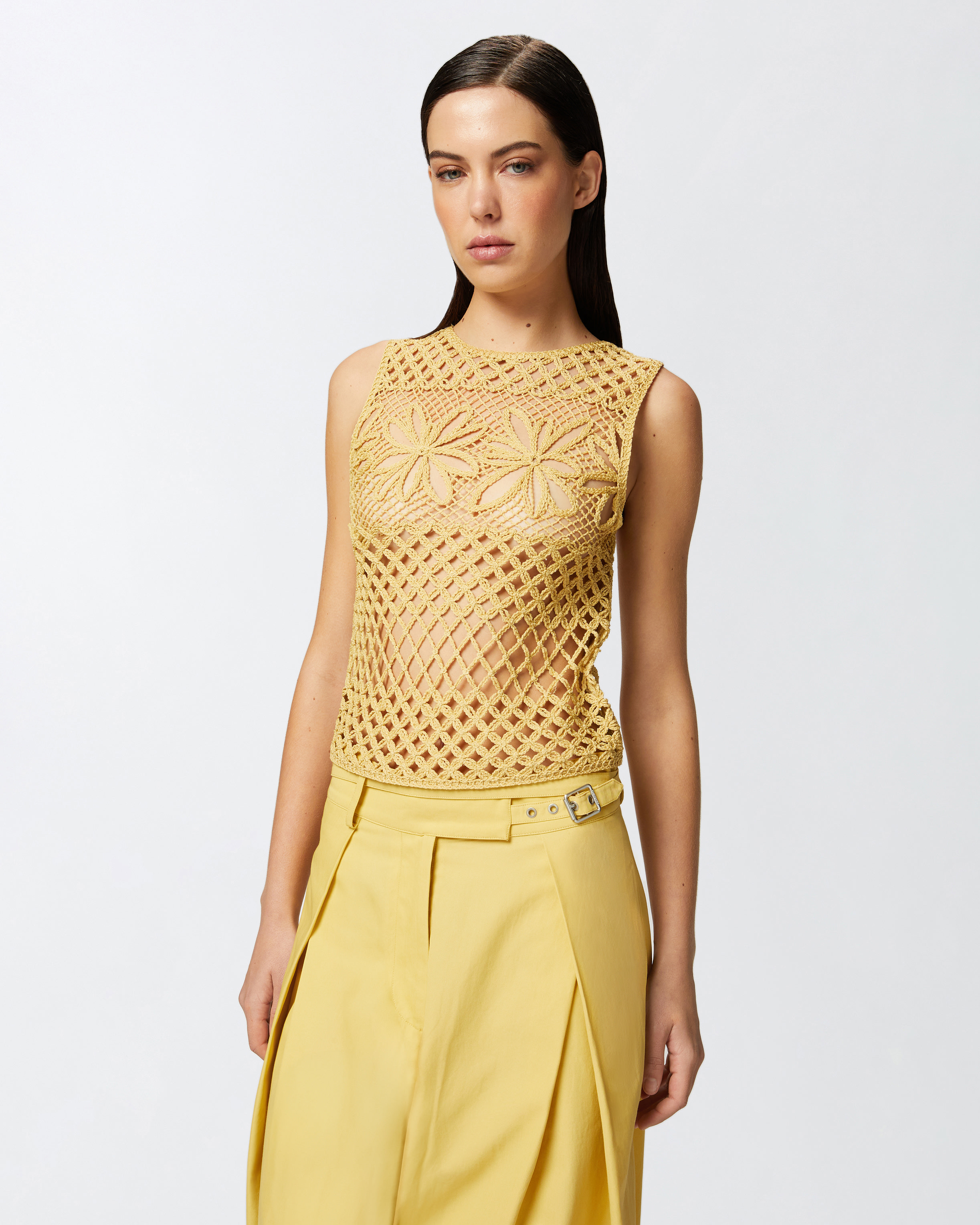 Pinko Fantasy Net Crochet Floral Top Keyhole In Rattan Yellow
