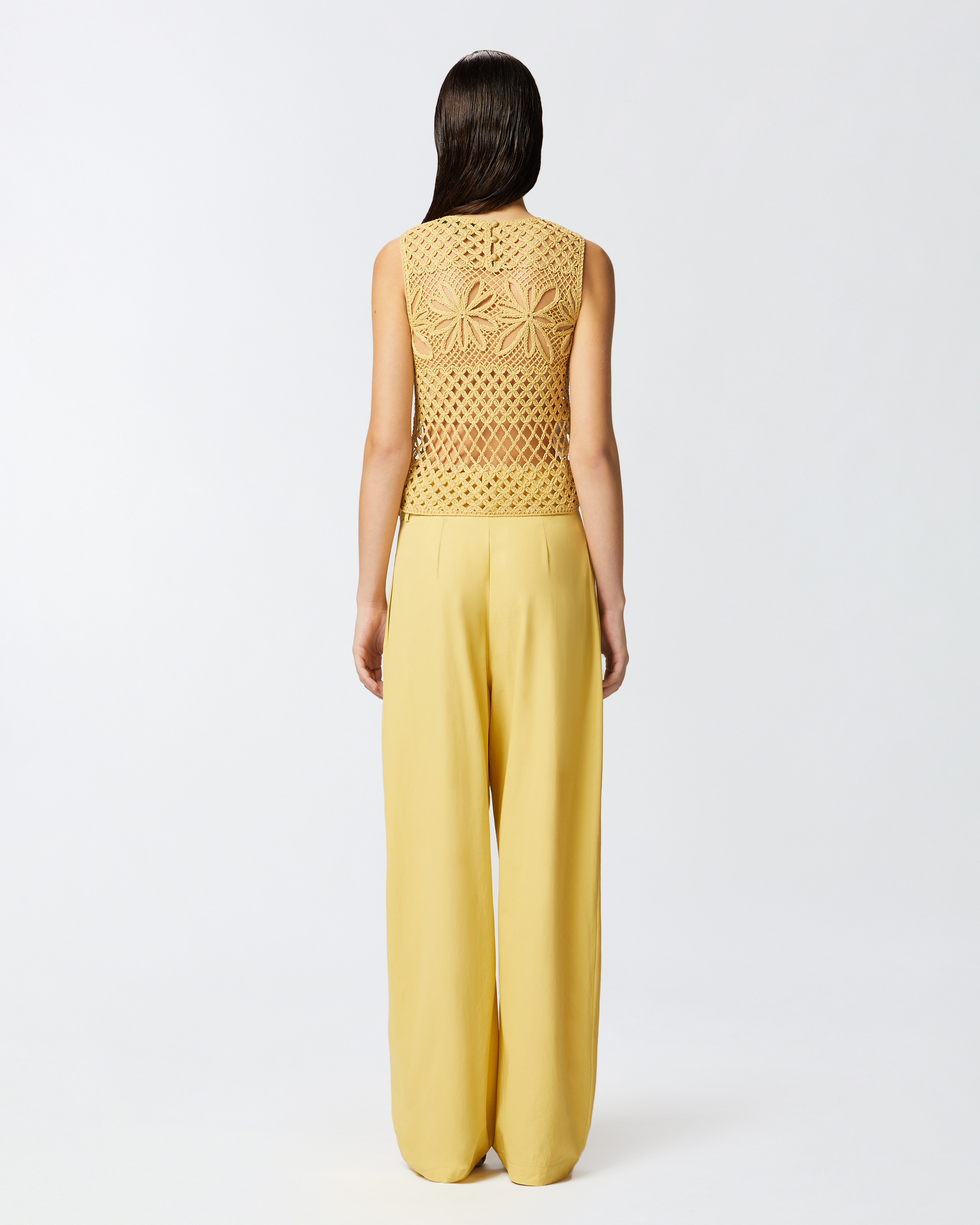 Pinko Fantasy Net Crochet Floral Top Keyhole In Rattan Yellow