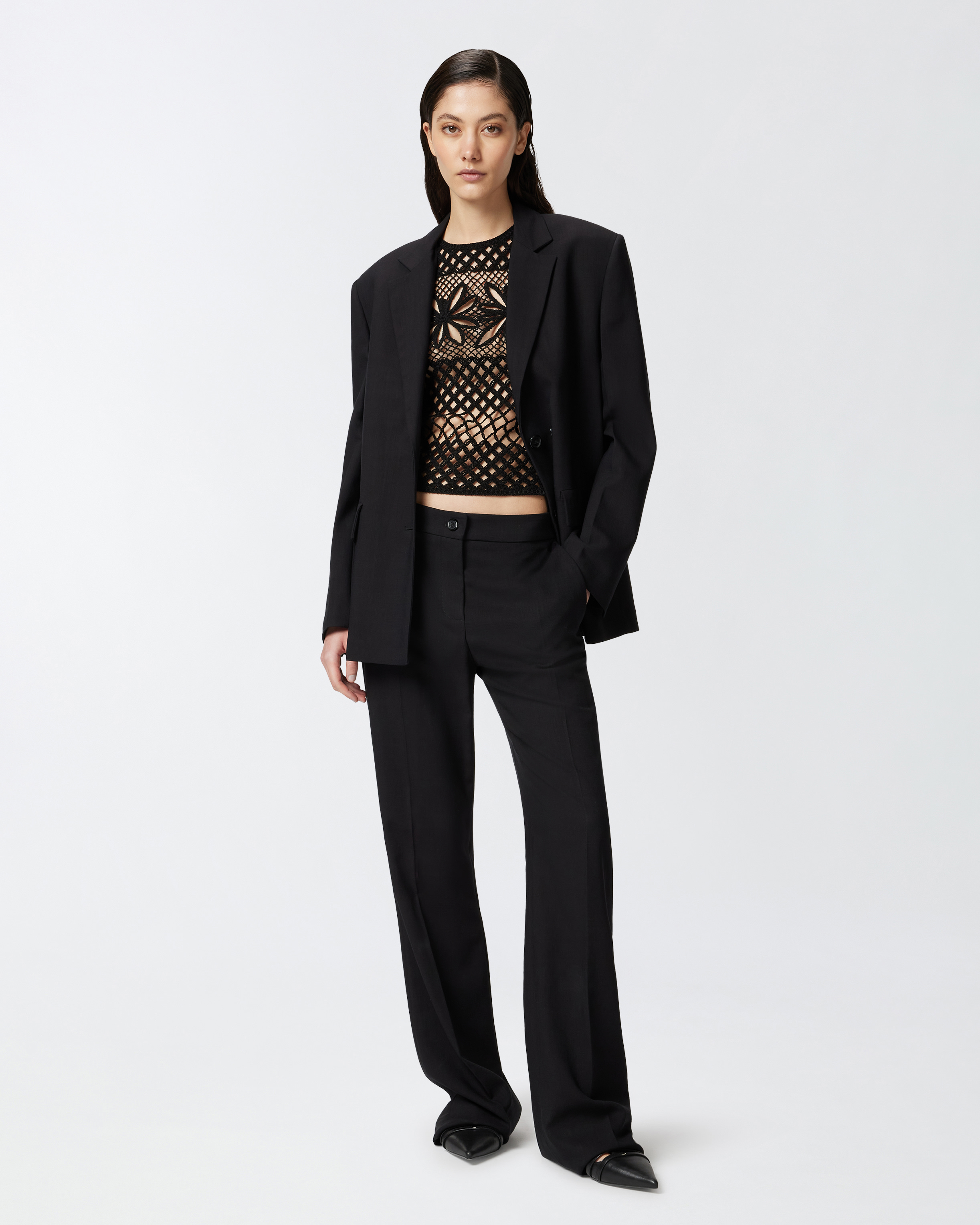 Pinko Black Top With Perforated Design And Diamond Motif And Floral Details In Black