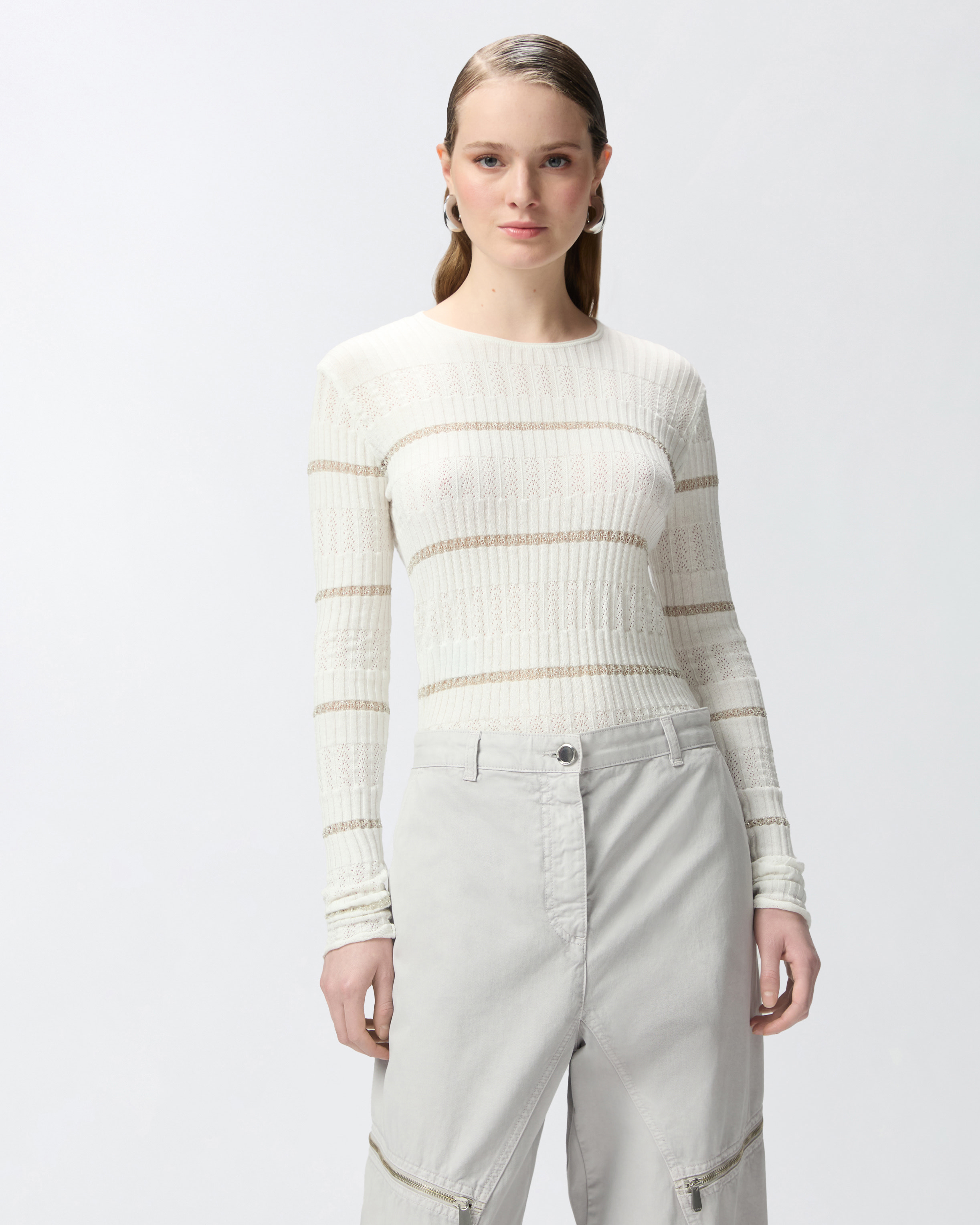 Pinko Ribbed Sweater With Metallic Stripes In Blanc-blanche-neige