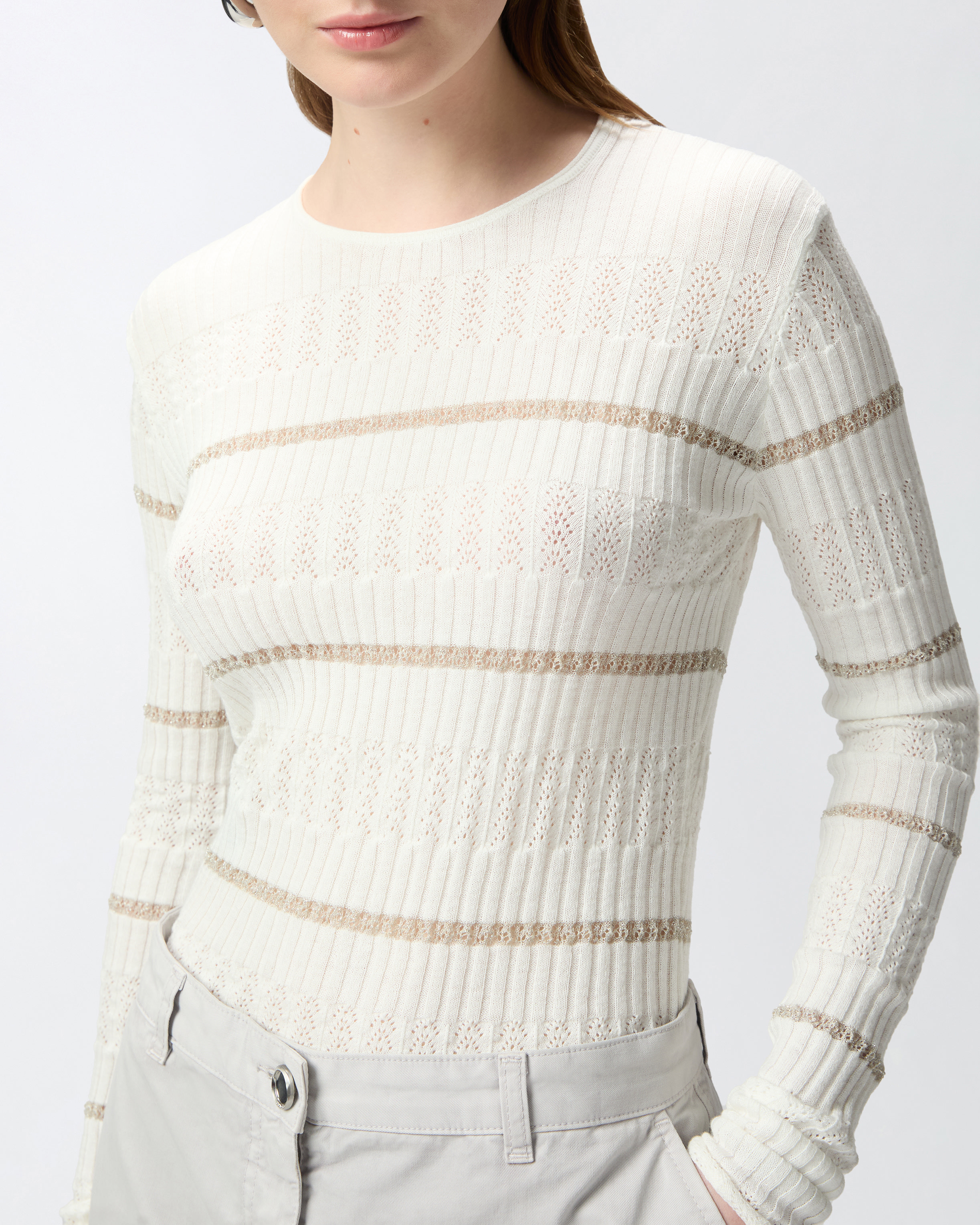 Pinko Ribbed Sweater With Metallic Stripes In Blanc-blanche-neige