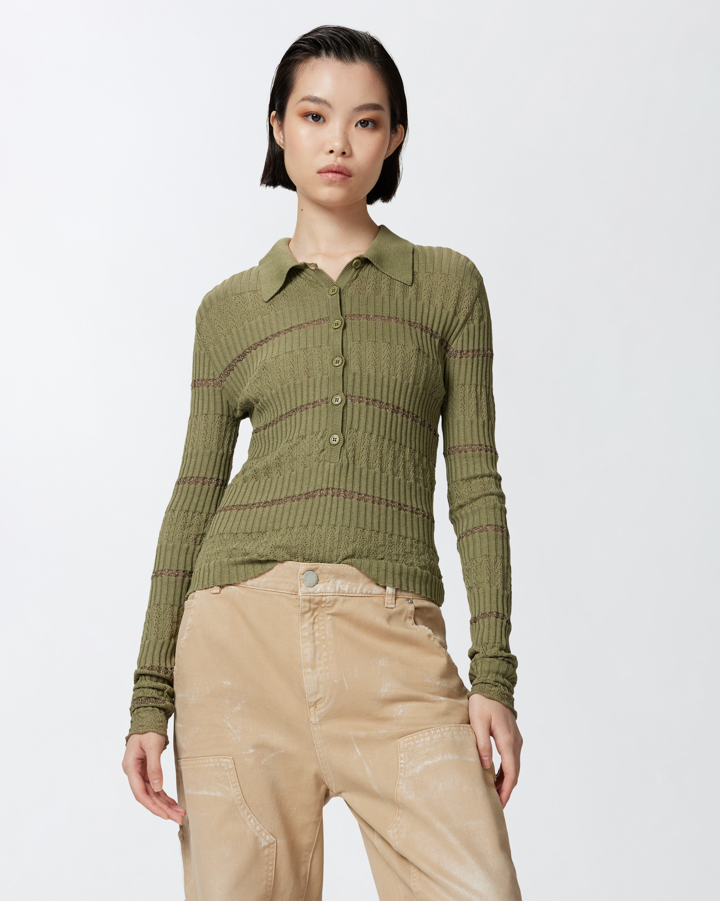 Pinko Long-sleeved Polo Shirt With Metallic Stripe In Lichen Green
