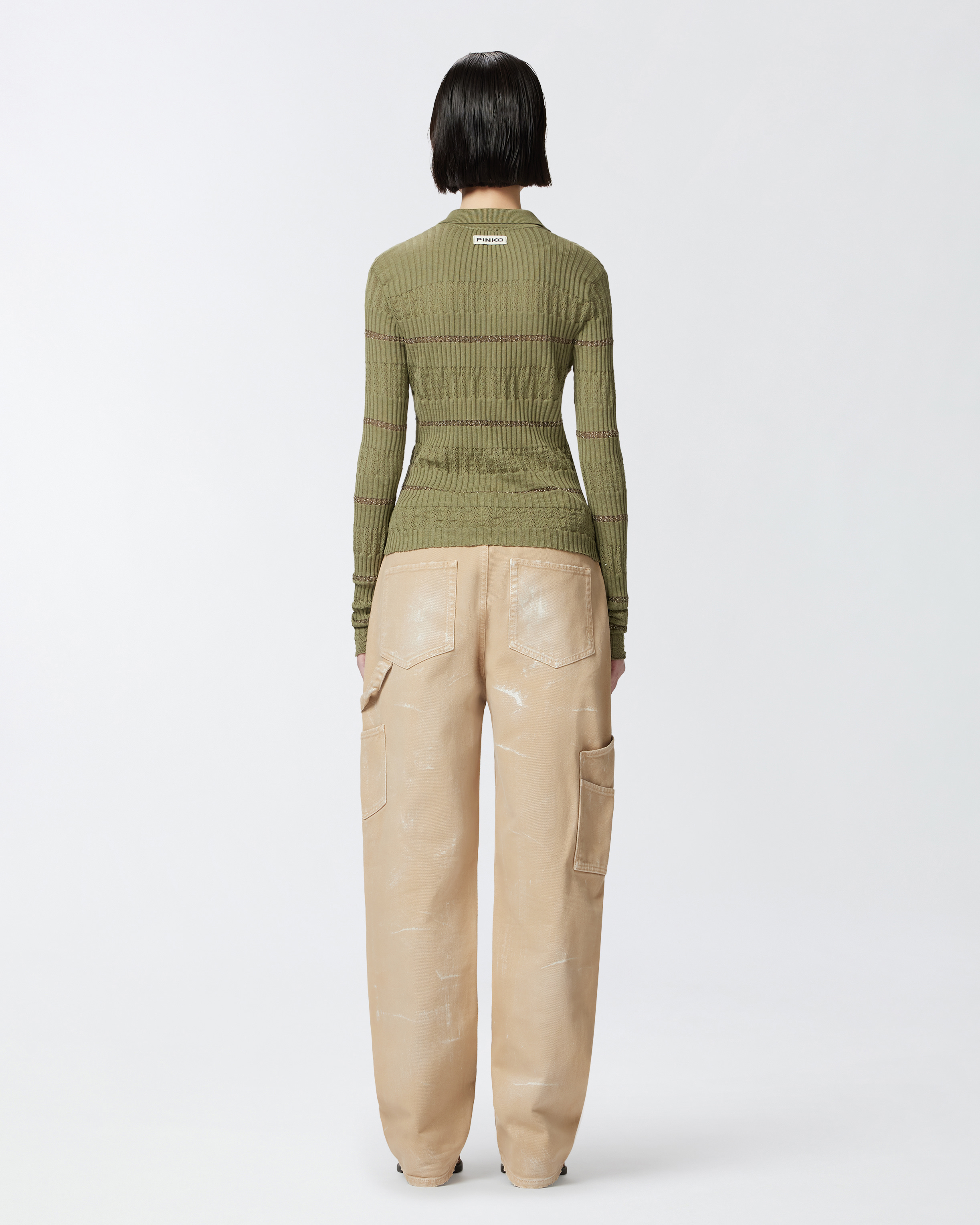 Pinko Long-sleeved Polo Shirt With Metallic Stripe In Lichen Green