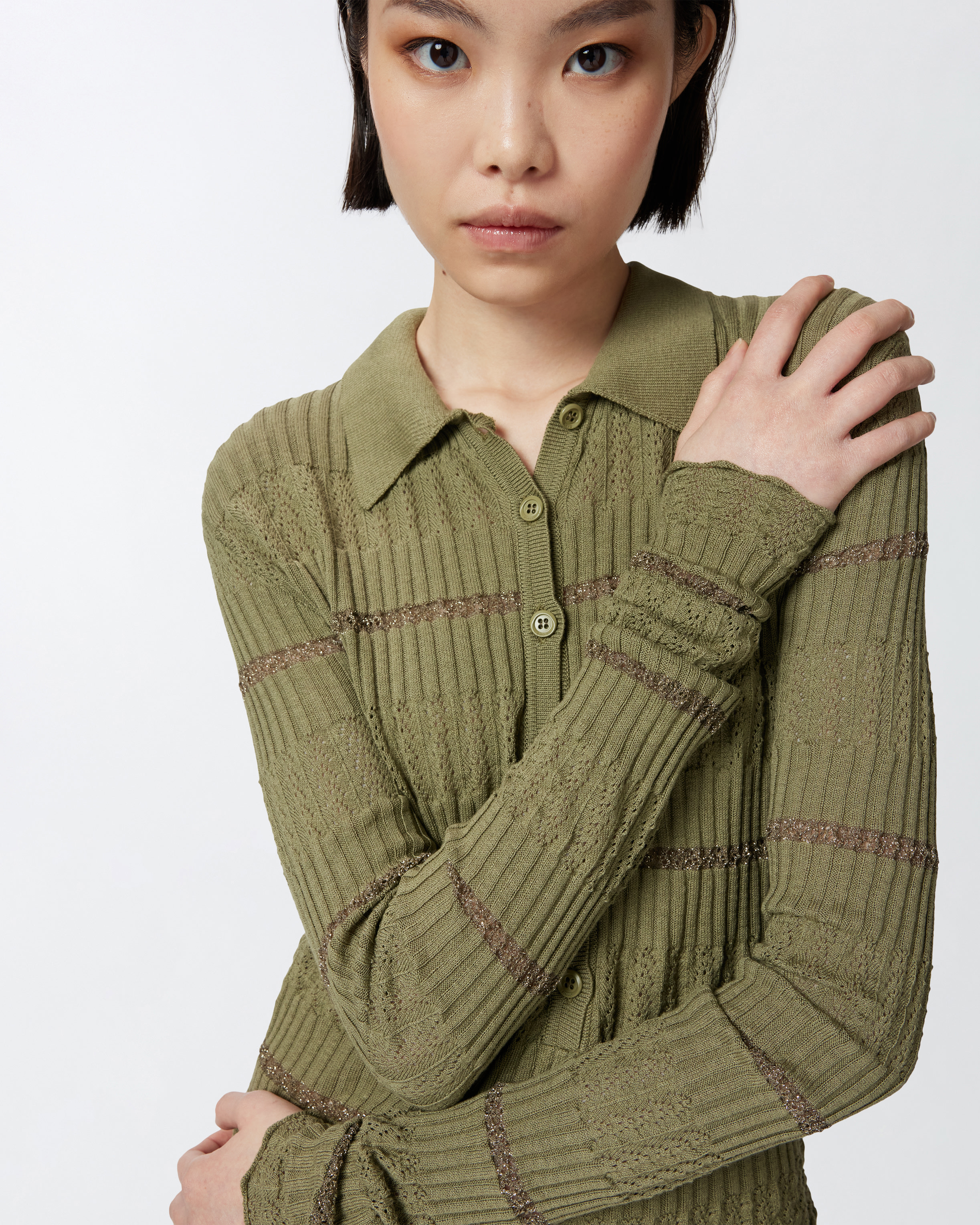 Pinko Long-sleeved Polo Shirt With Metallic Stripe In Lichen Green