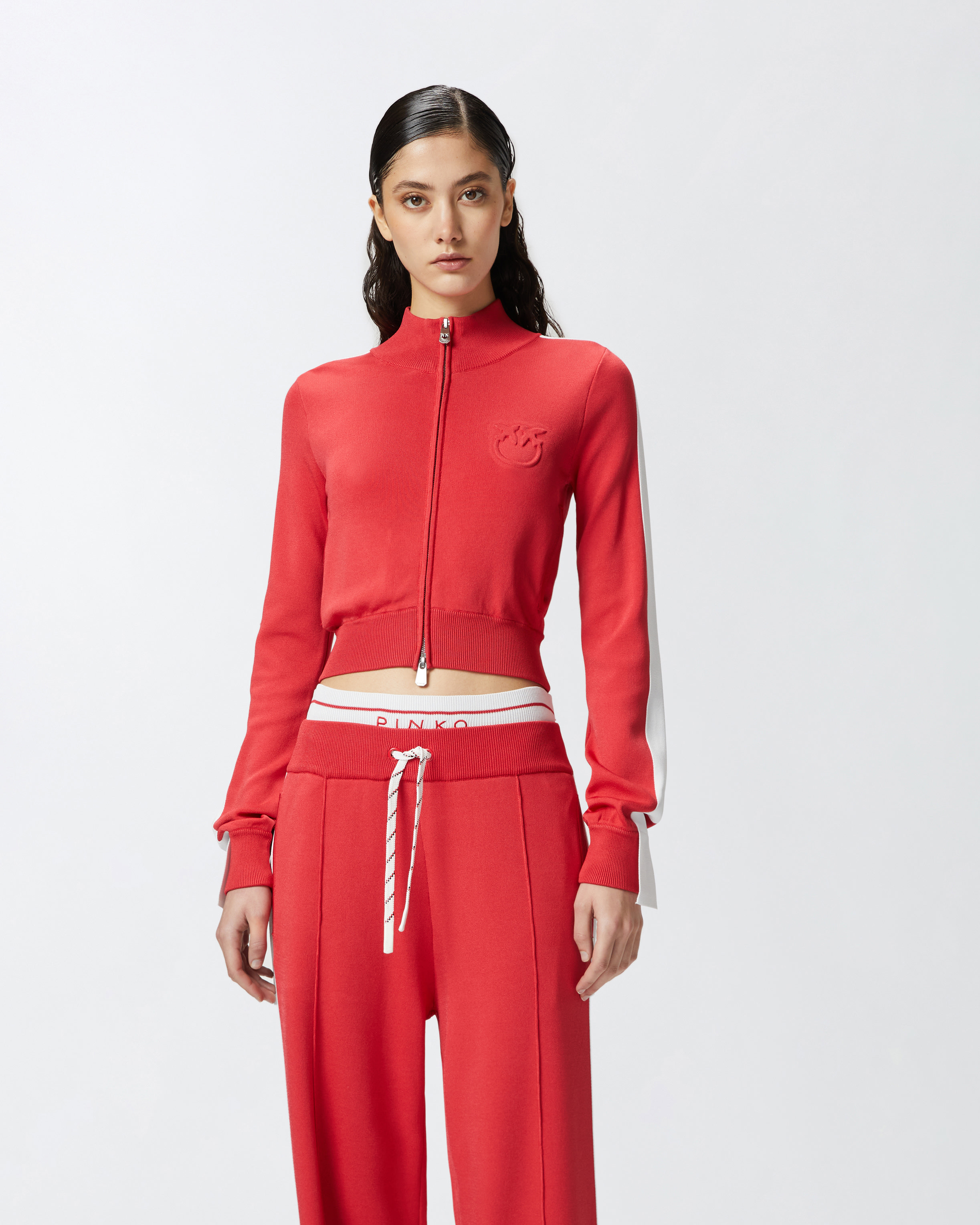 Pinko Cropped Sweatshirt In Technical Fabric In Red/white