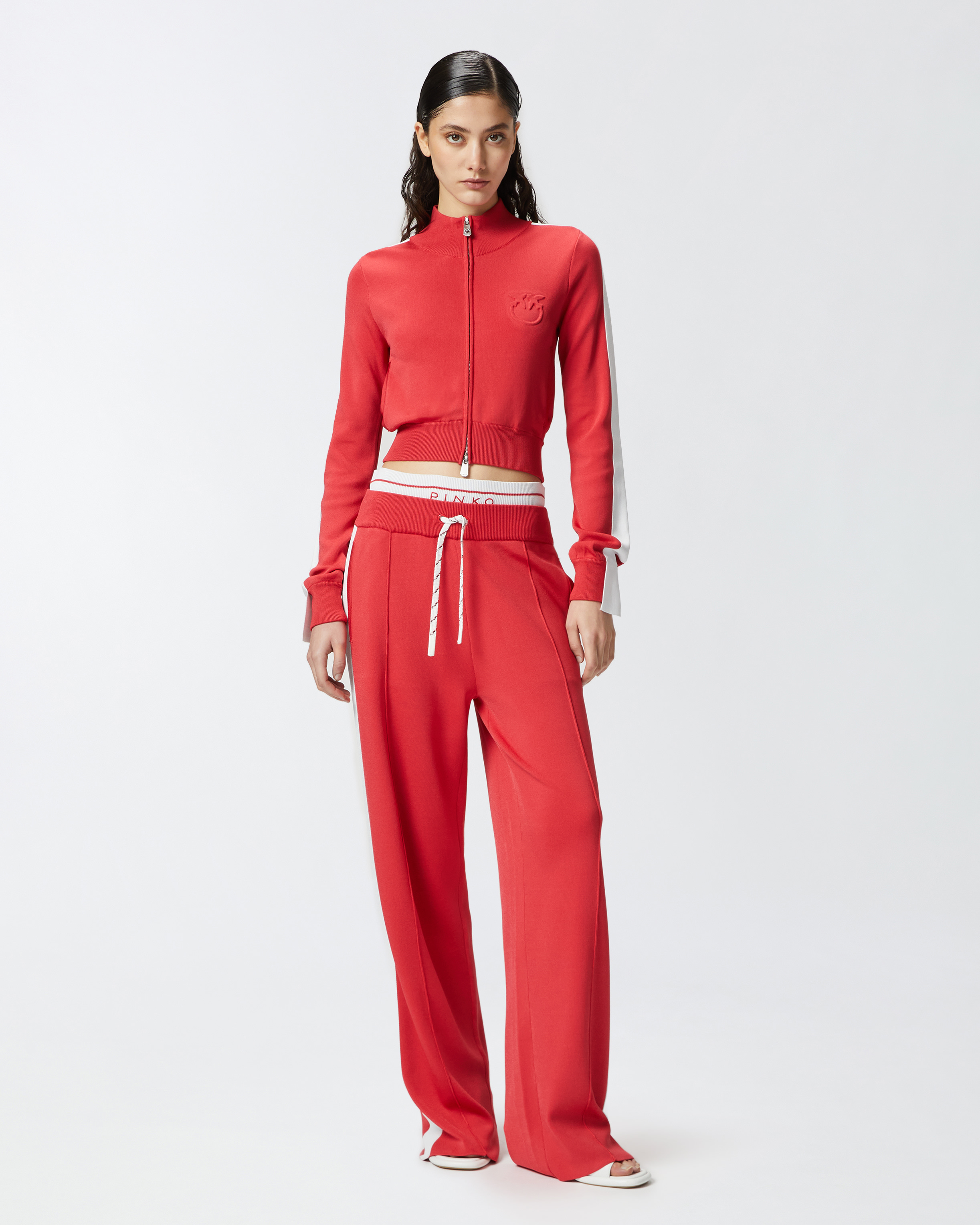Pinko Cropped Sweatshirt In Technical Fabric In Red/white