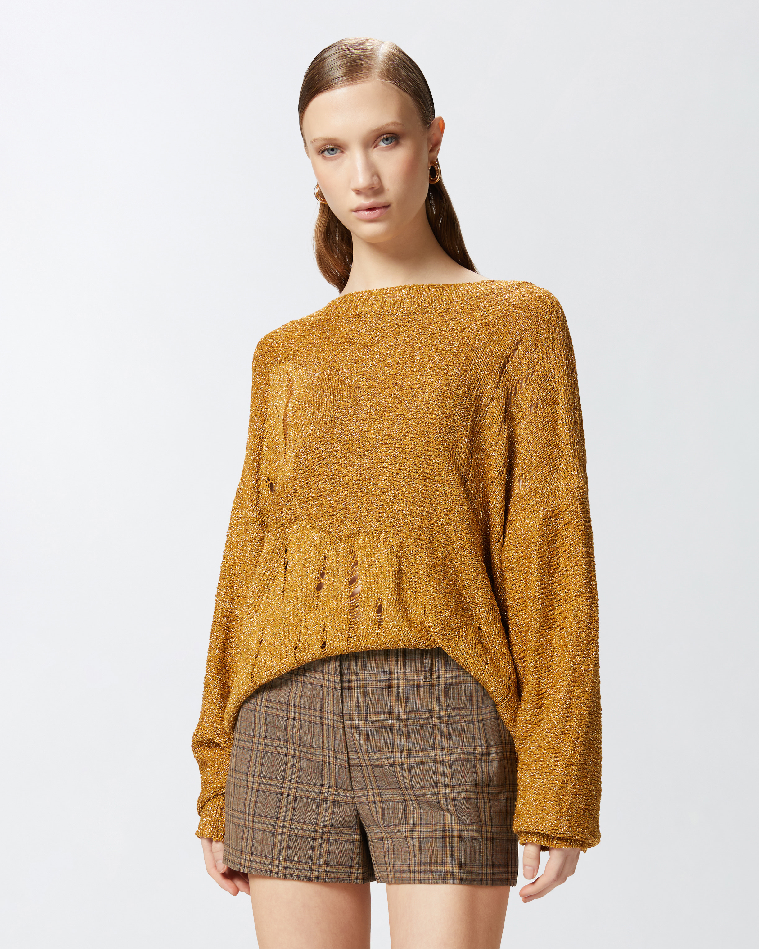 Pinko Long Metallic Jacquard Sweater With Tears In Mustard/pale Gold