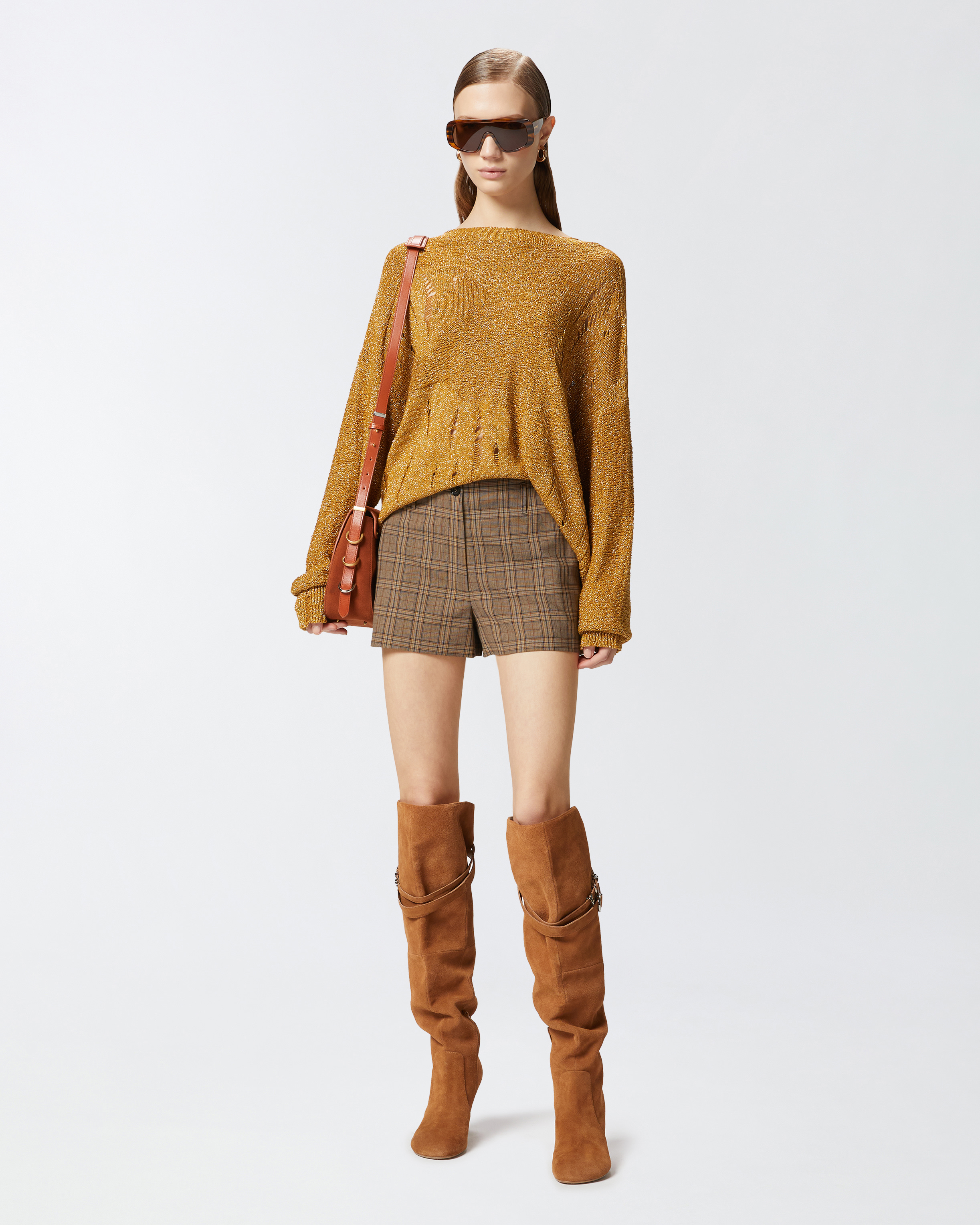 Pinko Long Metallic Jacquard Sweater With Tears In Mustard/pale Gold