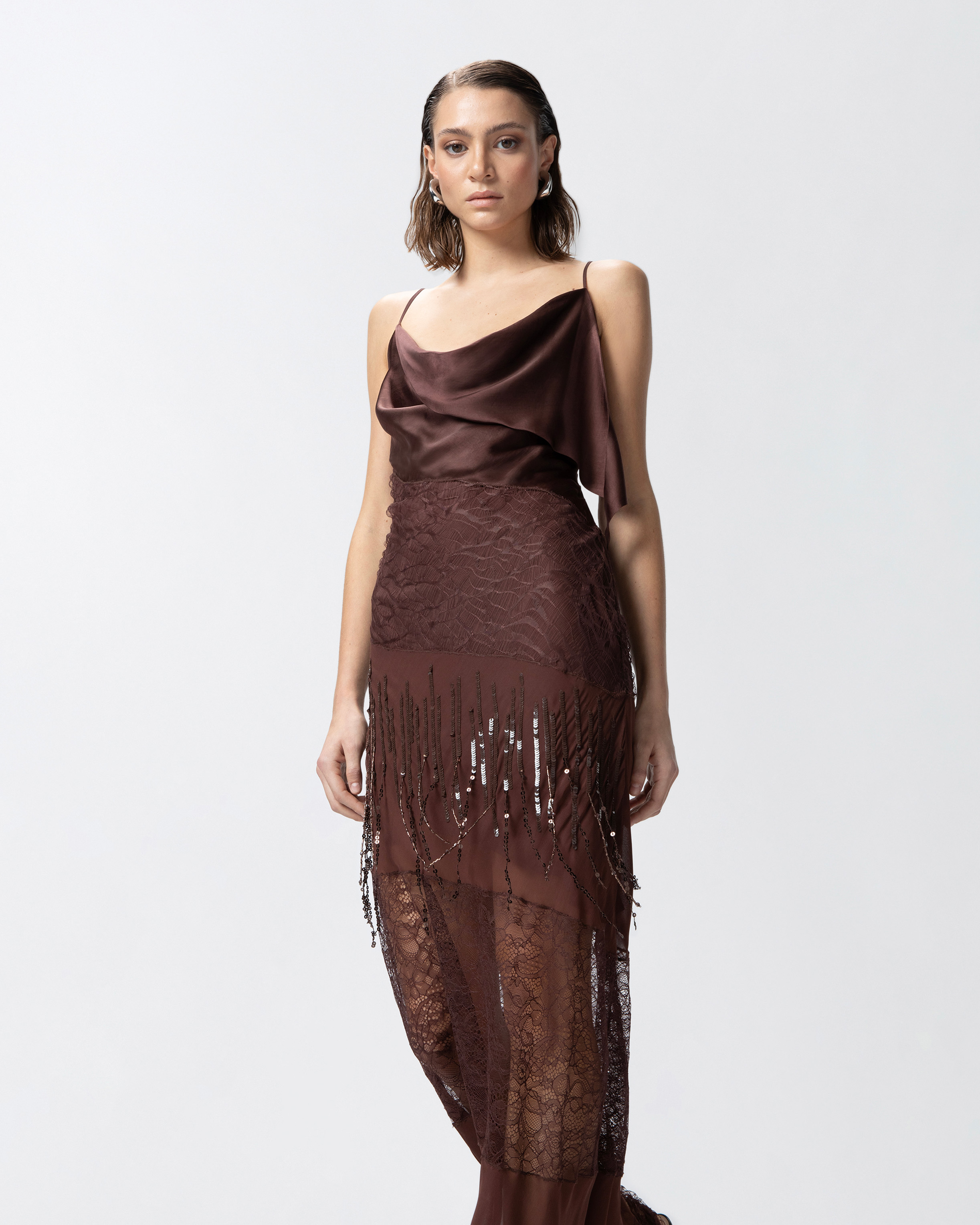 ワンピース PINKO Woman Dress Brown 104752A2DG L78 Satin, lace and rhinestone-fringe slip dress PINKO → Shop