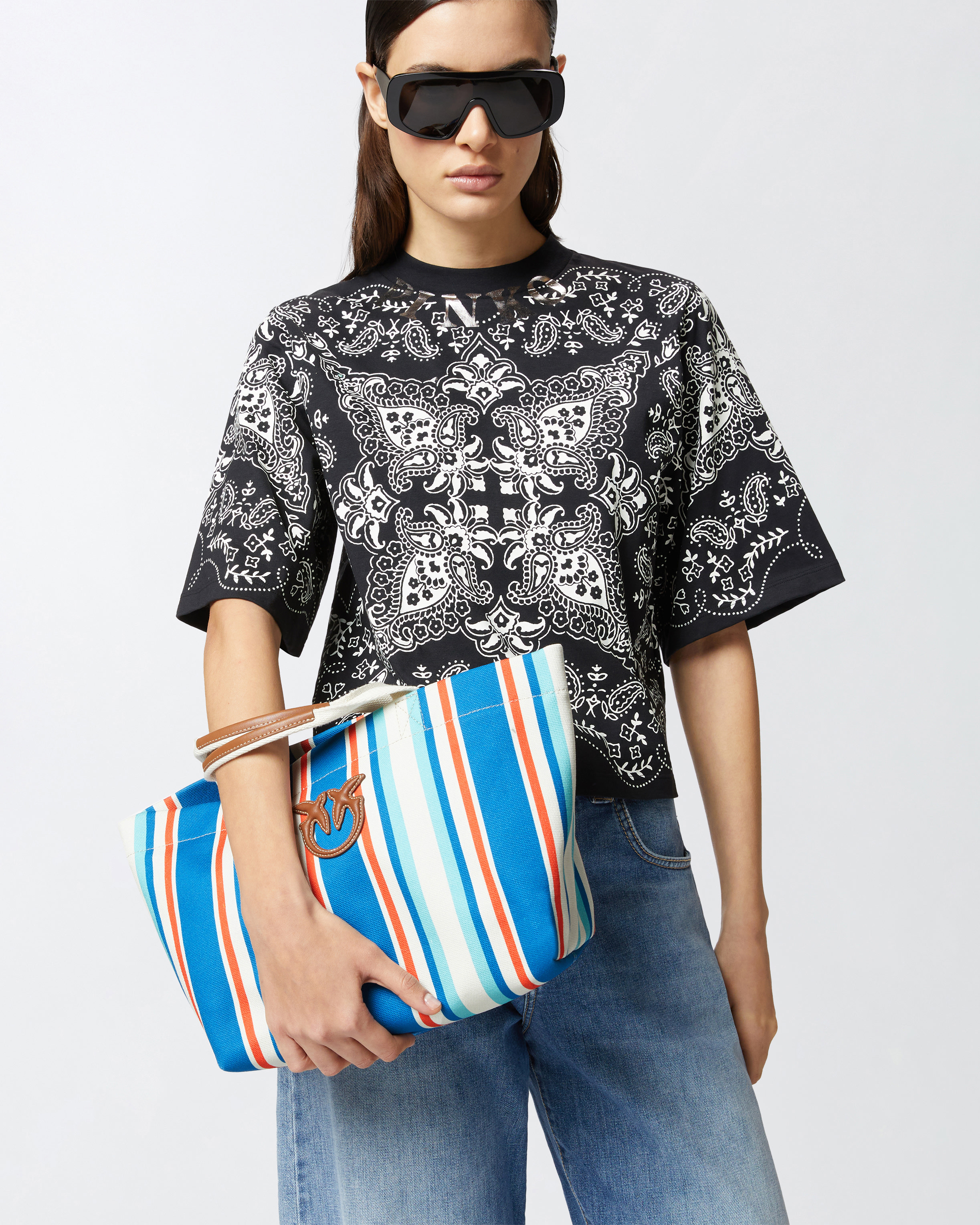 Pinko Medium Shopper Bag In Striped Canvas