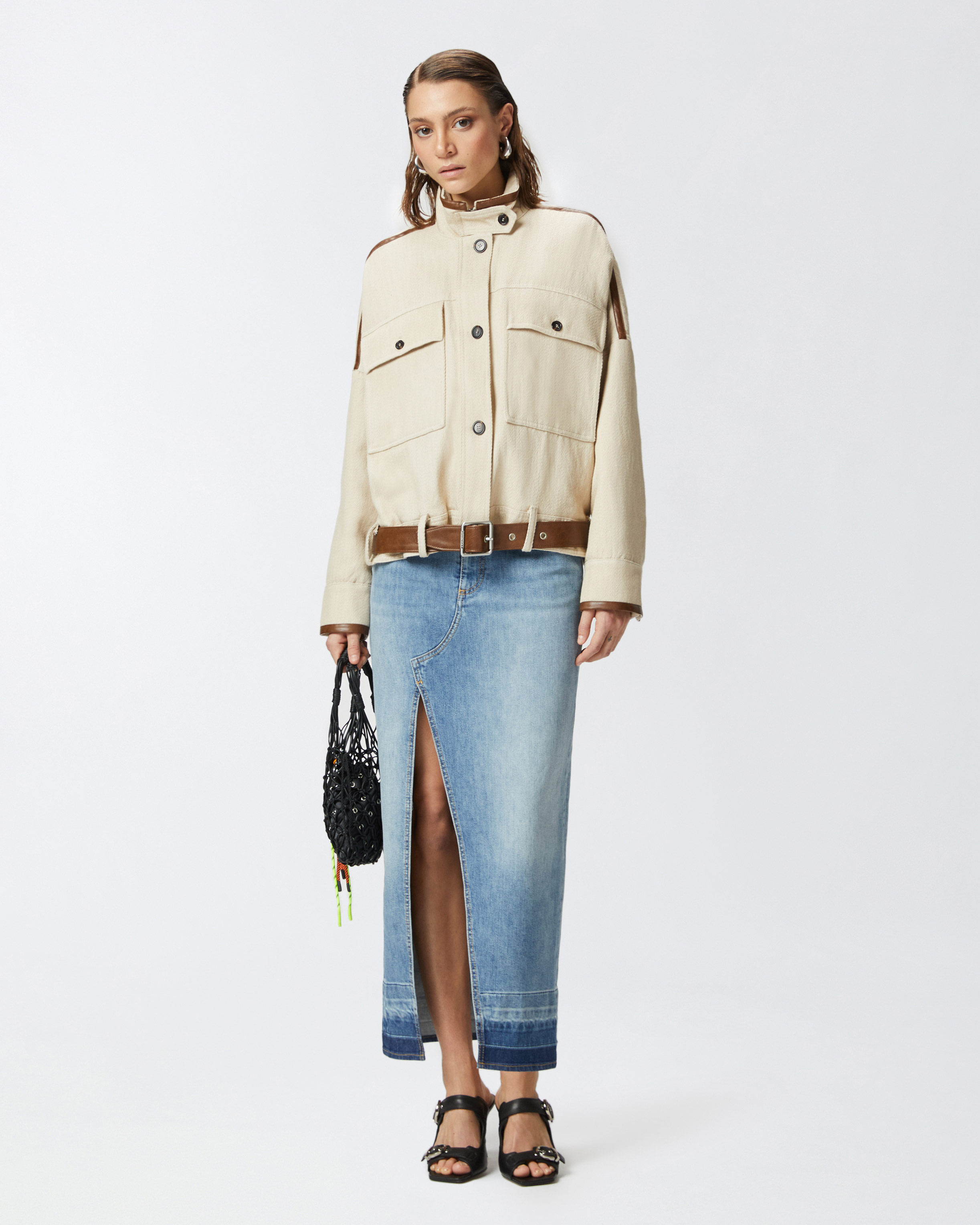Pinko Blouson Jacket With Leather-effect Edging In Beige Cemento